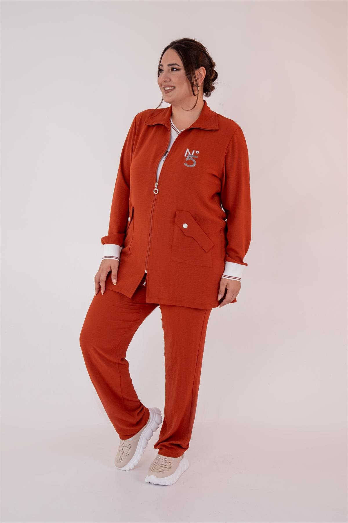 Büyük Beden 76326 Fermuarlı Cepli 3Lü Takım  Kiremit