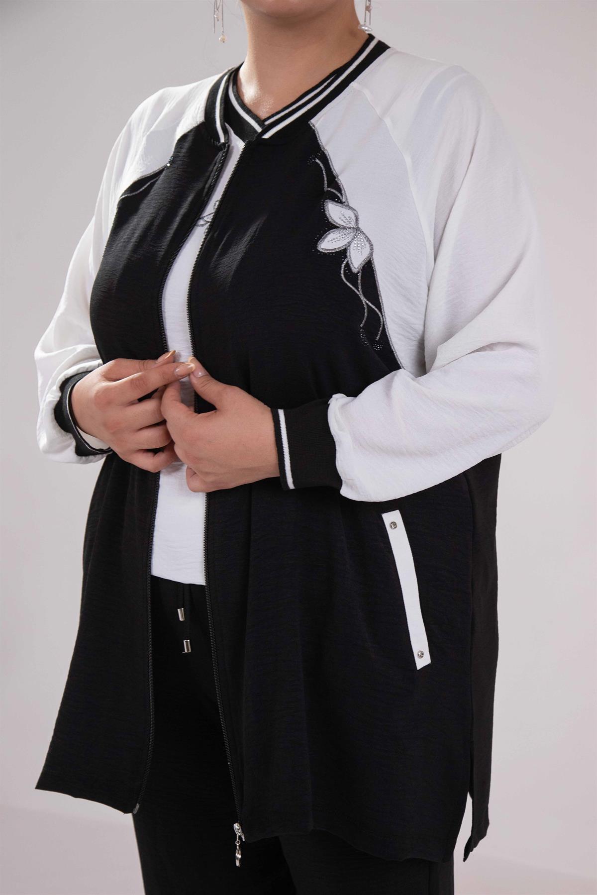 Büyük Beden 76330 Çiçek Nakışlı 3^Lü Takım Siyah