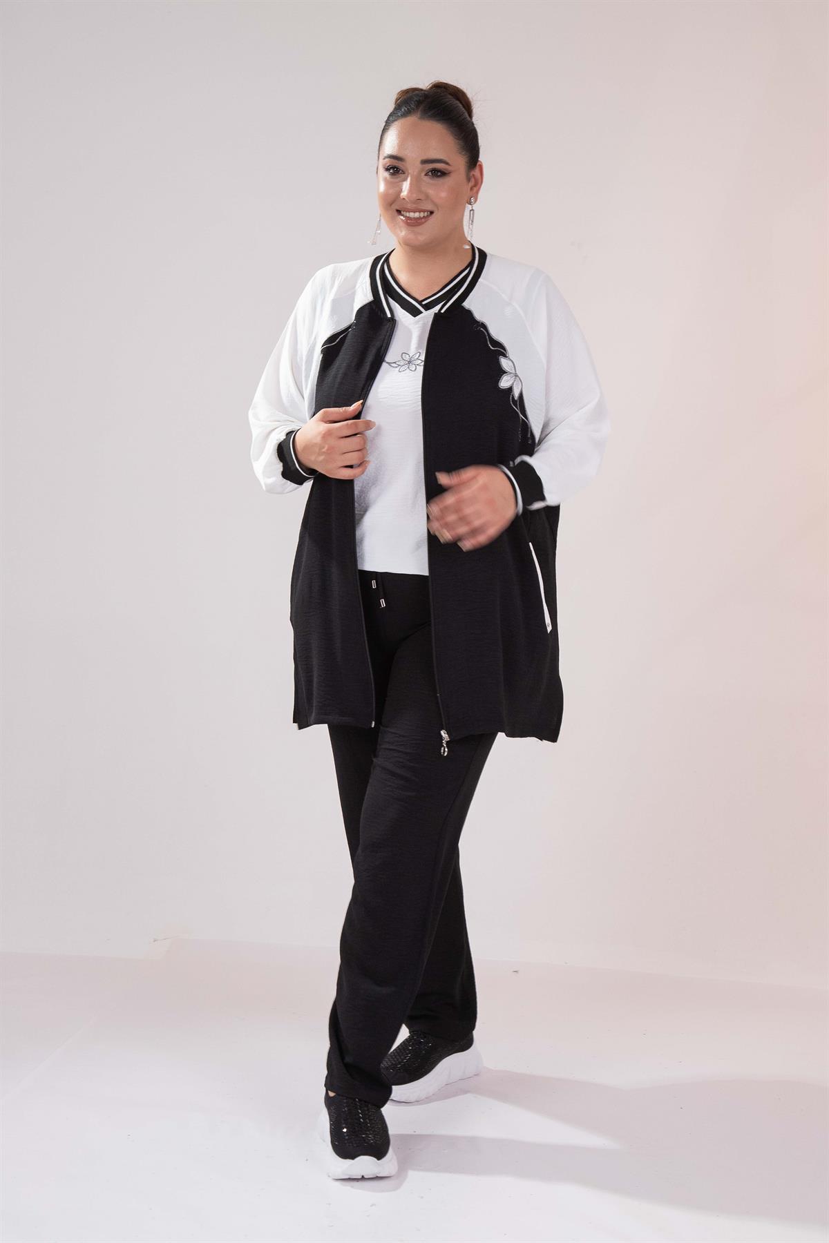 Büyük Beden 76330 Çiçek Nakışlı 3^Lü Takım Siyah