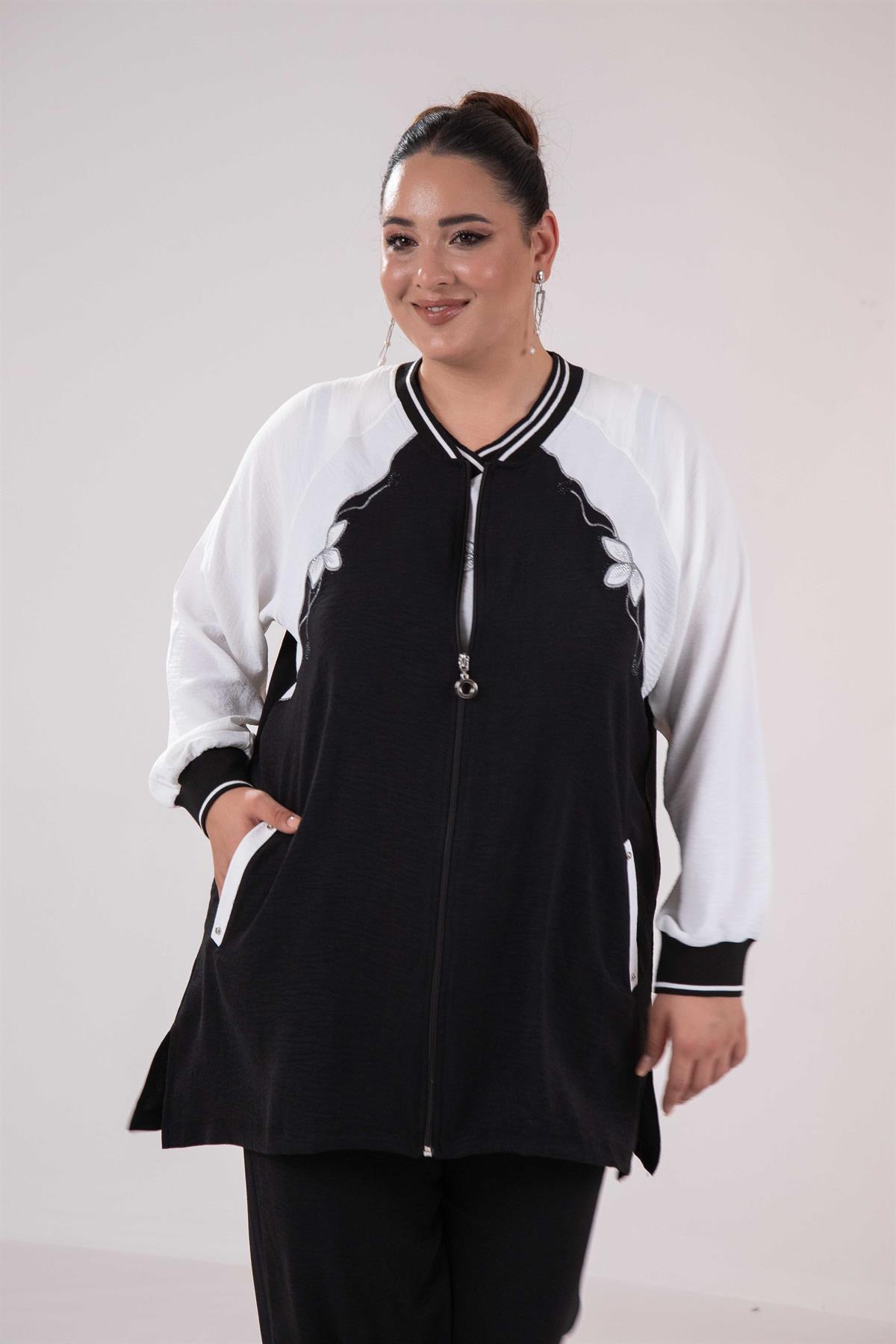 Büyük Beden 76330 Çiçek Nakışlı 3^Lü Takım Siyah