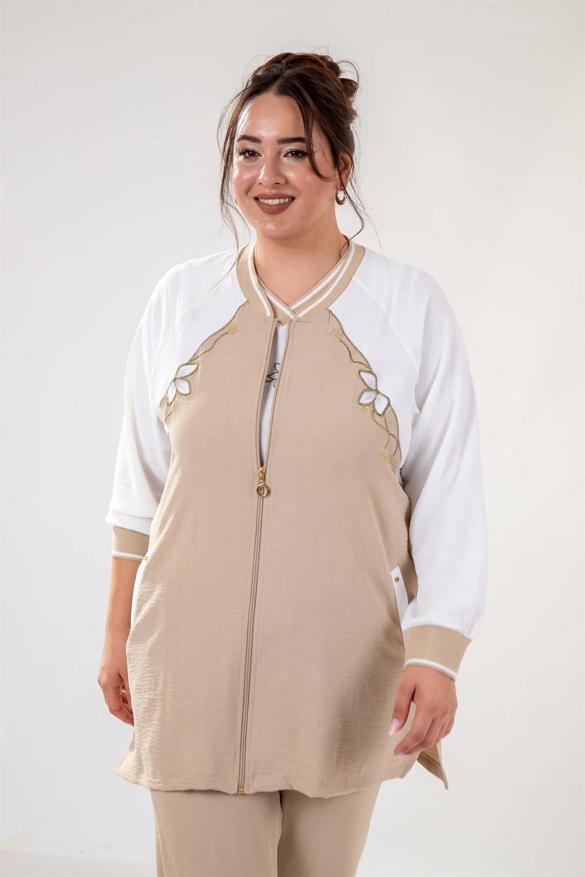 Büyük Beden 76330 Çiçek Nakışlı 3^lü Takım Bej