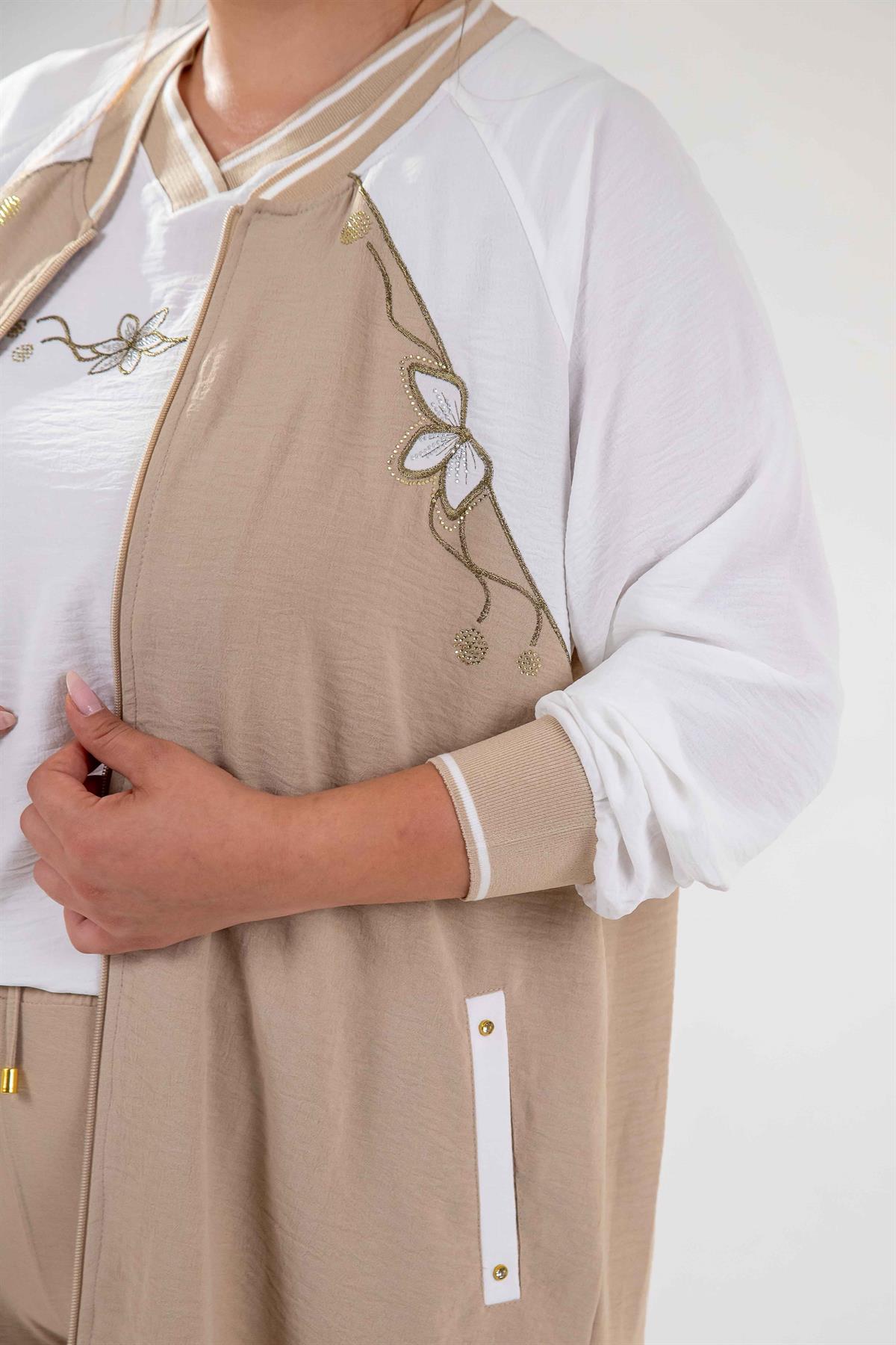 Büyük Beden 76330 Çiçek Nakışlı 3^lü Takım Bej