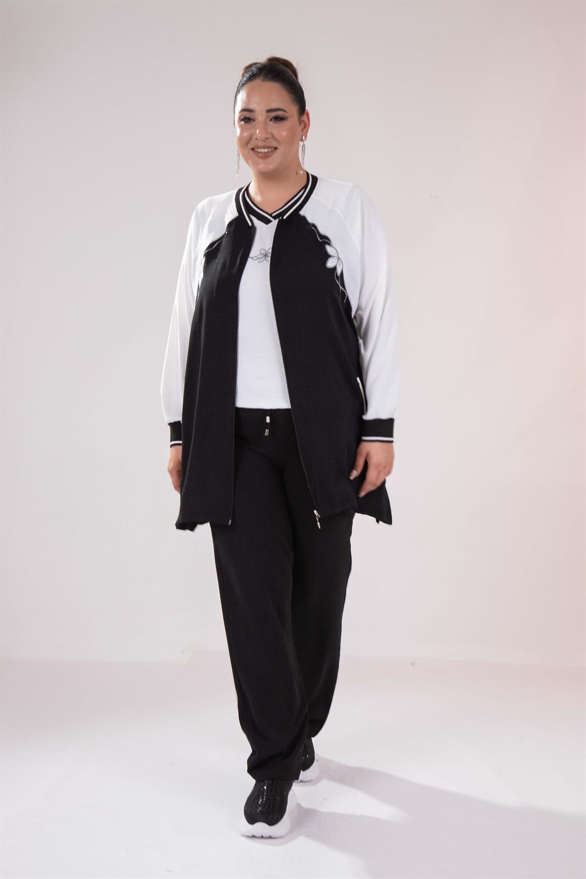 Büyük Beden 76330 Çiçek Nakışlı 3^Lü Takım Siyah