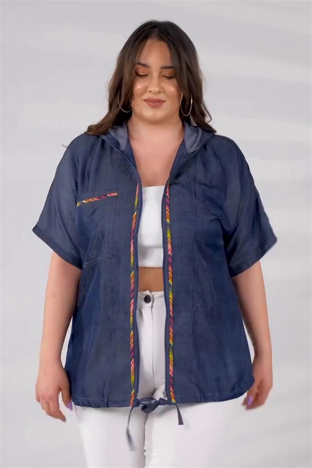 Büyük Beden 8035 Önü Şeritli Fermuarlı Ceket  Mavi