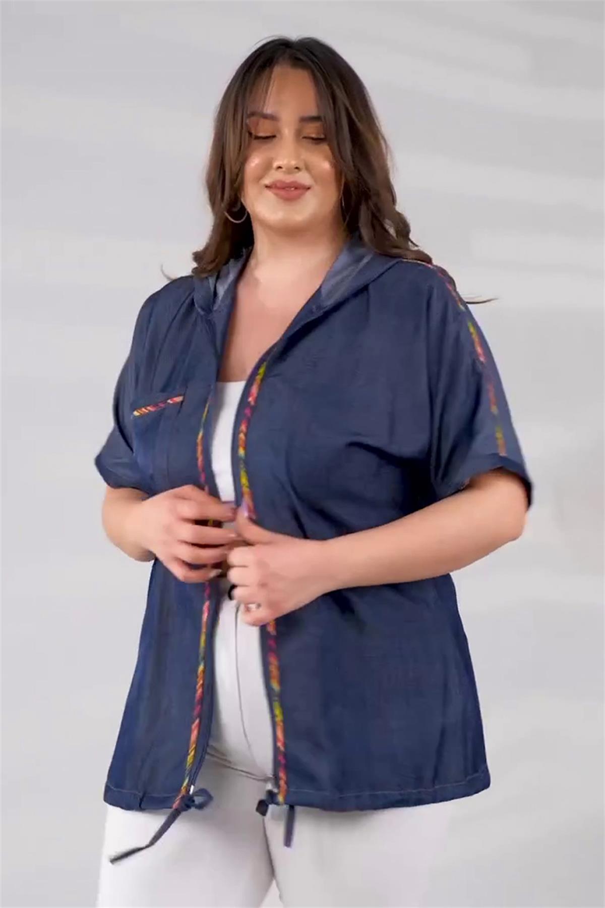 Büyük Beden 8035 Önü Şeritli Fermuarlı Ceket  Mavi