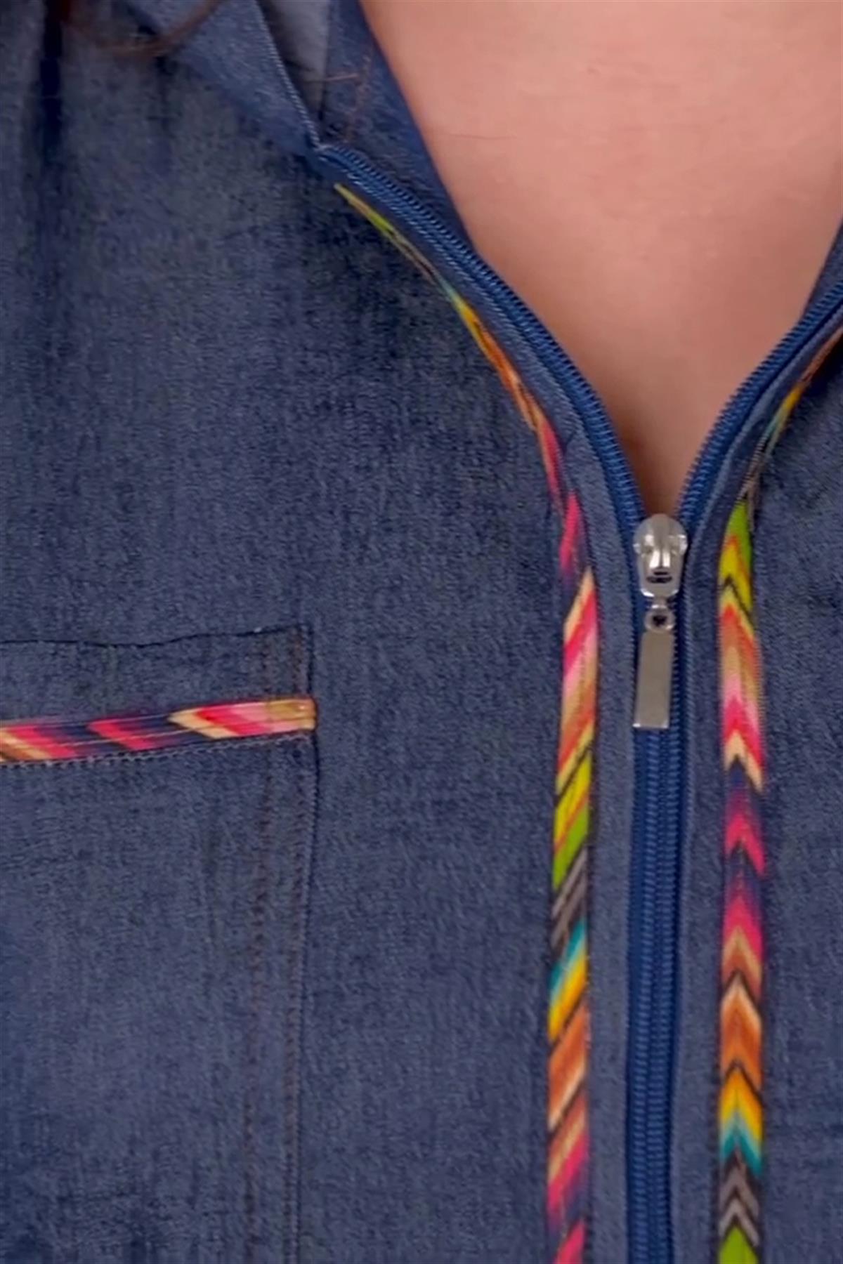 Büyük Beden 8035 Önü Şeritli Fermuarlı Ceket  Mavi