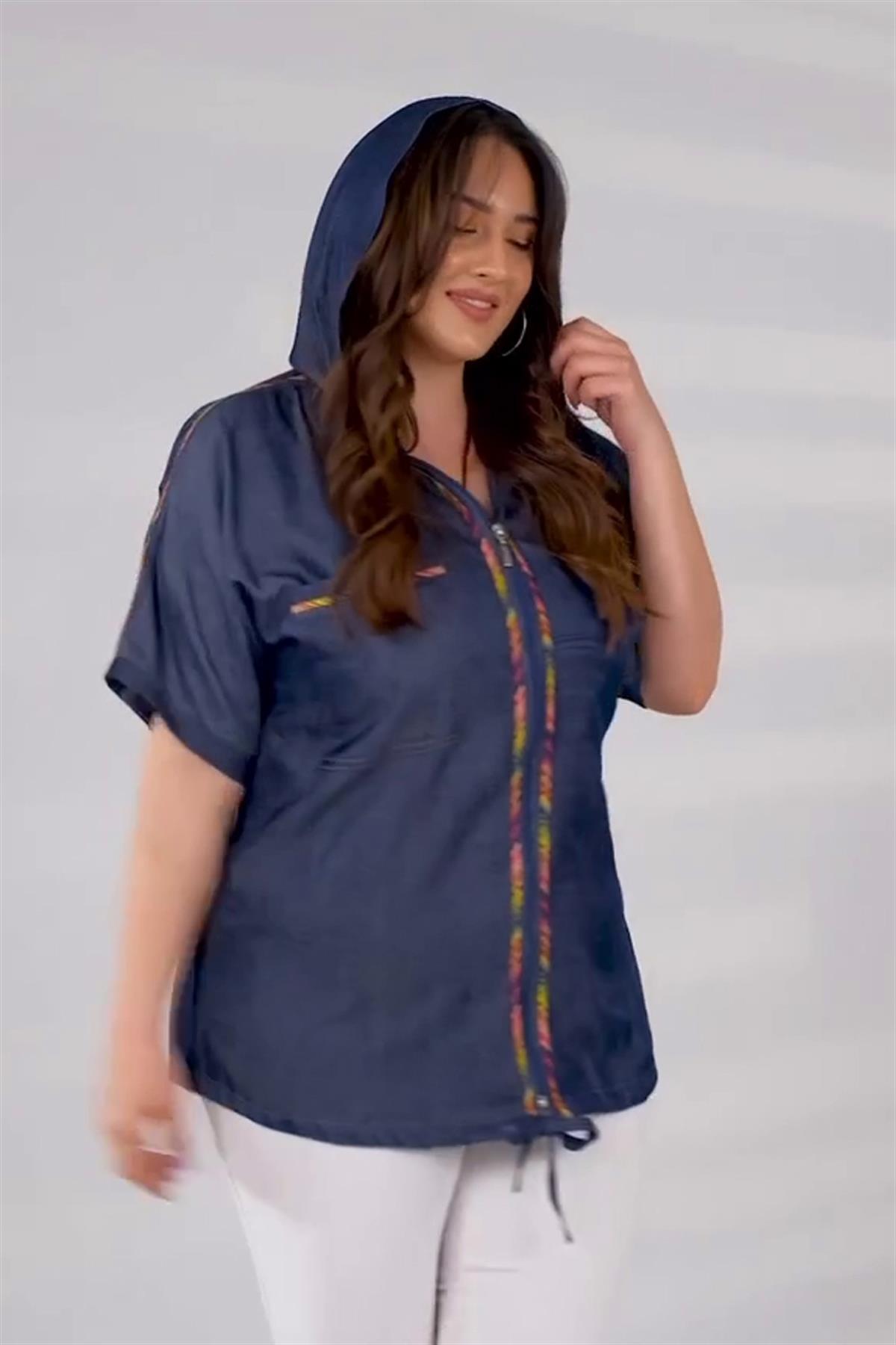 Büyük Beden 8035 Önü Şeritli Fermuarlı Ceket  Mavi