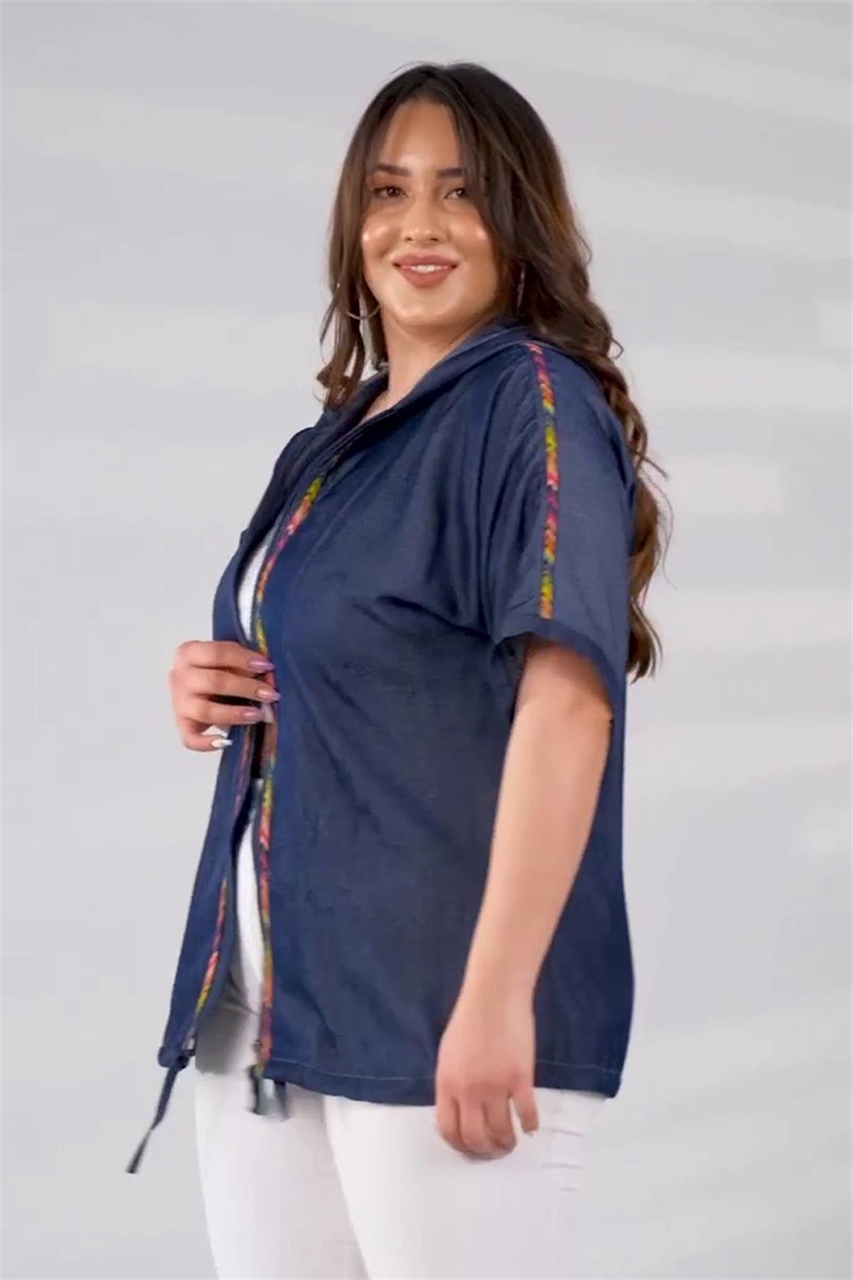 Büyük Beden 8035 Önü Şeritli Fermuarlı Ceket  Mavi