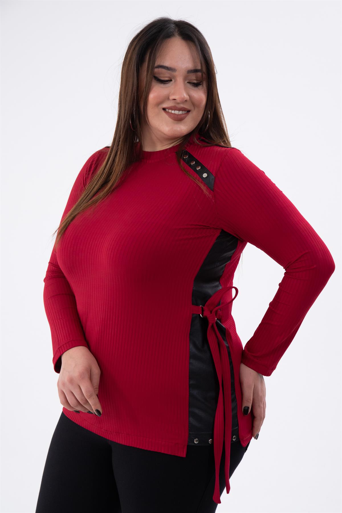 Büyük Beden 8037 Rivetli-Yanı Tokalı Bluz  Bordo