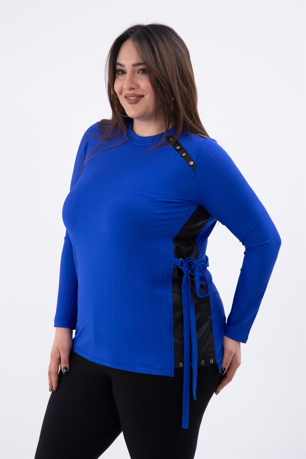 Büyük Beden 8037 Rivetli-Yanı Tokalı Bluz  Saks