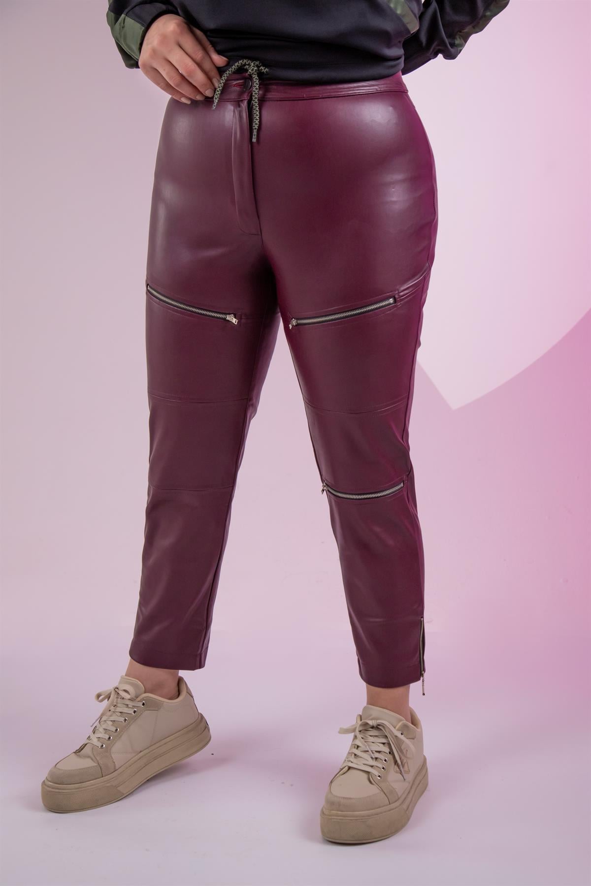 Büyük Beden Laya Deri Pantolon Bordo