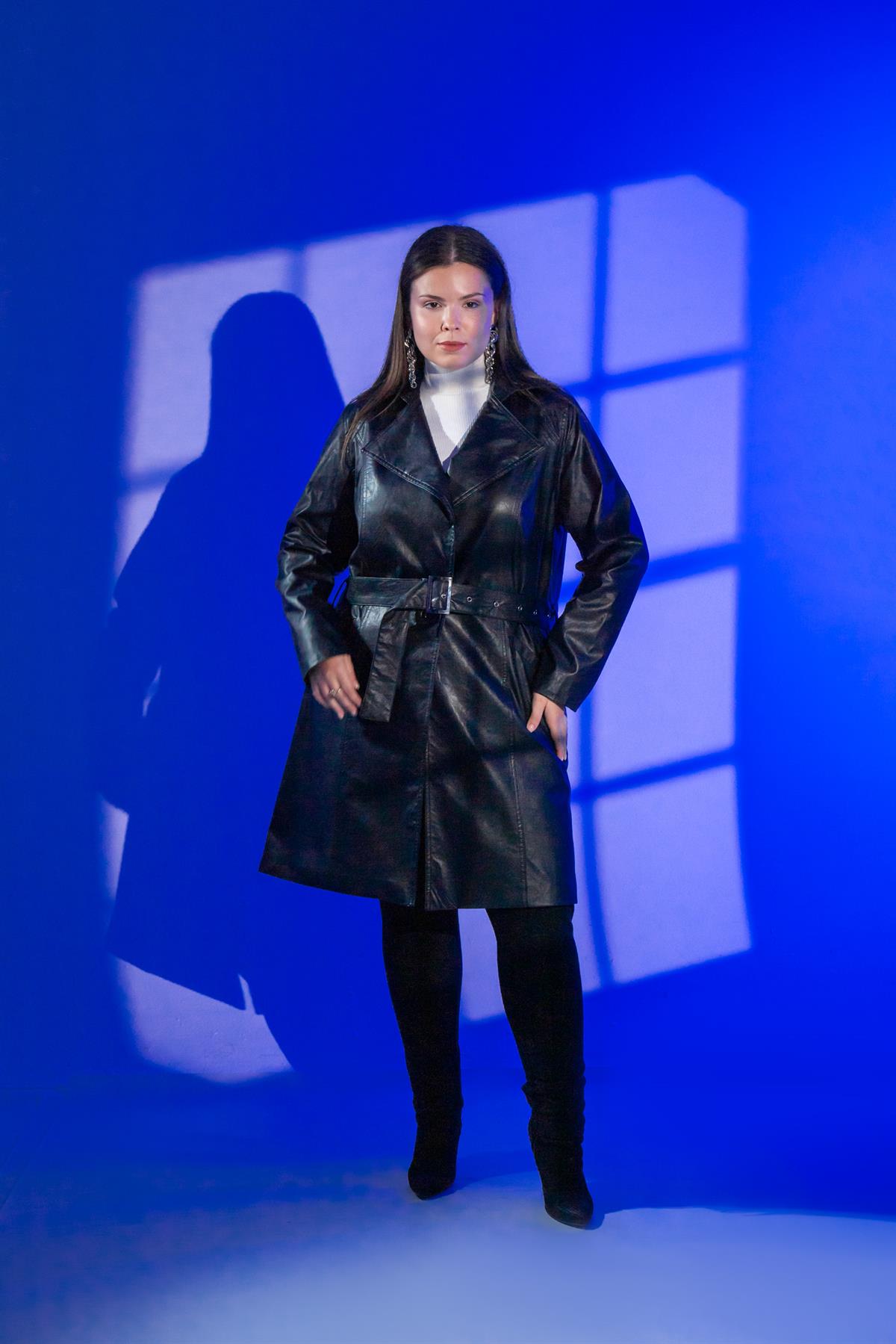 Büyük Beden Oscar Uzun Deri Ceket Siyah