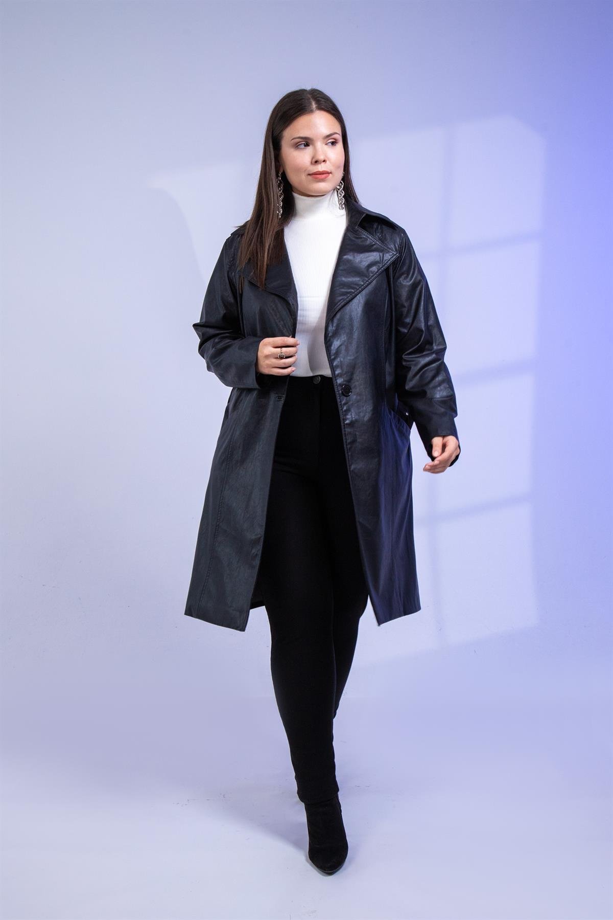 Büyük Beden Oscar Uzun Deri Ceket Siyah