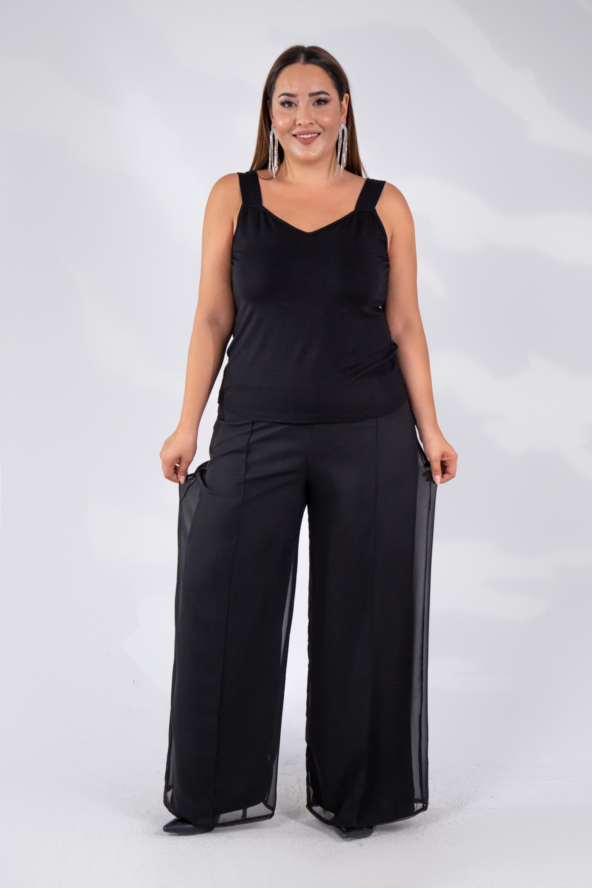 Büyük Beden 111398 Şifon Pantolon  Siyah