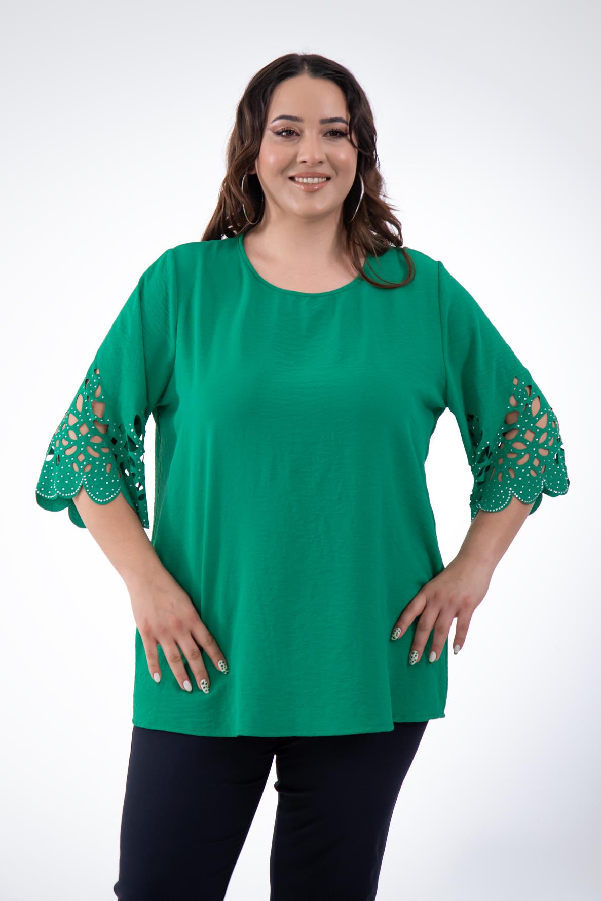 Büyük Beden 111960 Kolu Taş İşlemeli  Bluz  Yeşil