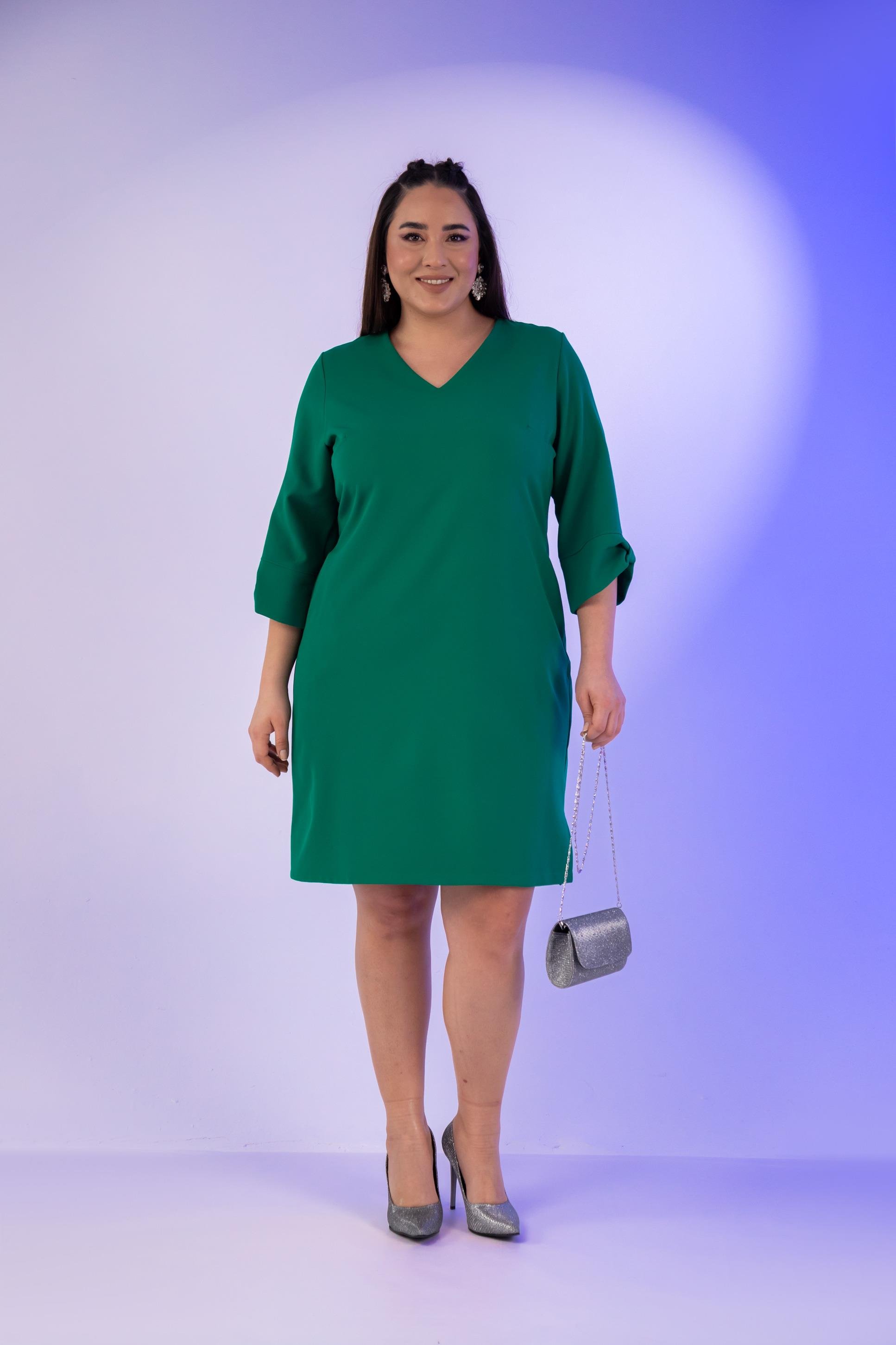 Büyük Beden 1212018 Kol Detaylı V Yaka Elbise  Yeşil