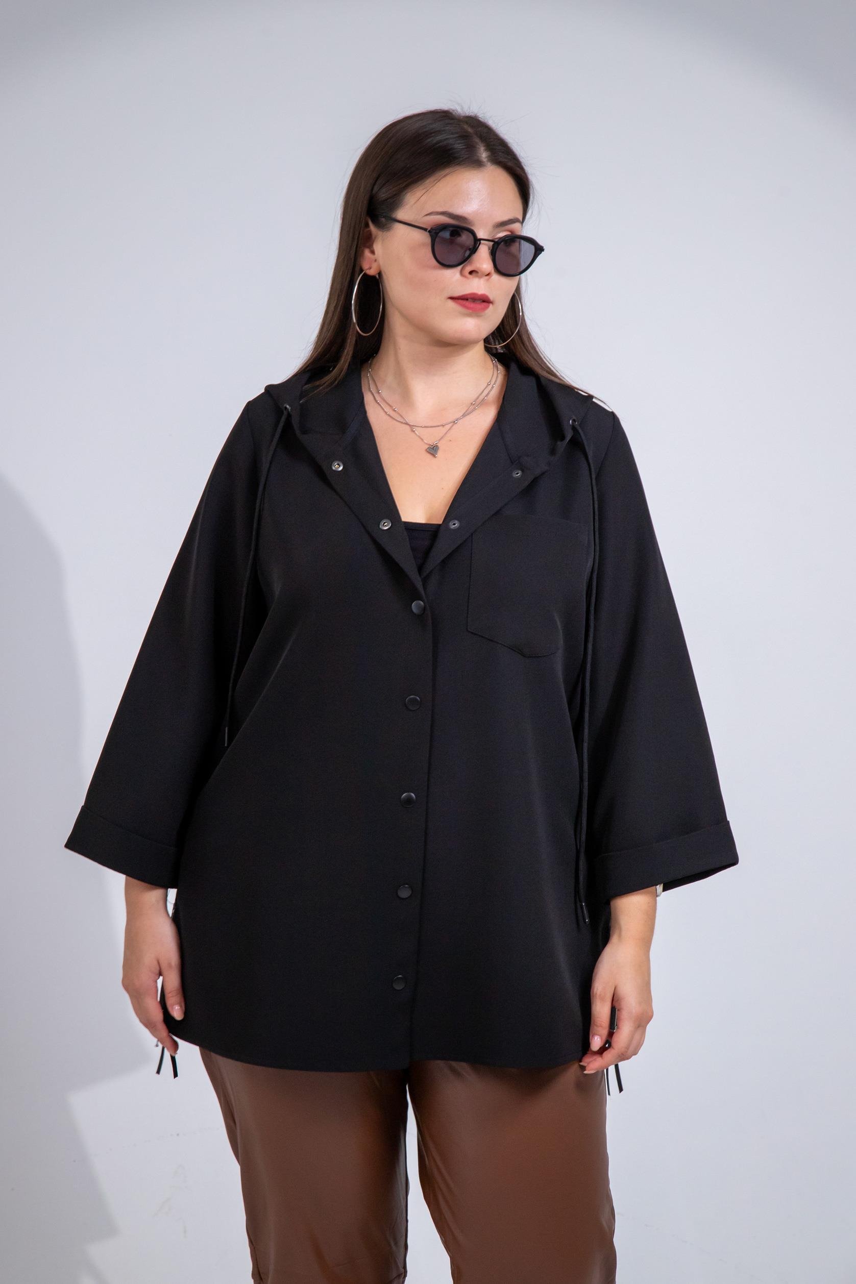 Büyük Beden 1212090 Yanı Fermuarlı Kapüşonlu Ceket Siyah