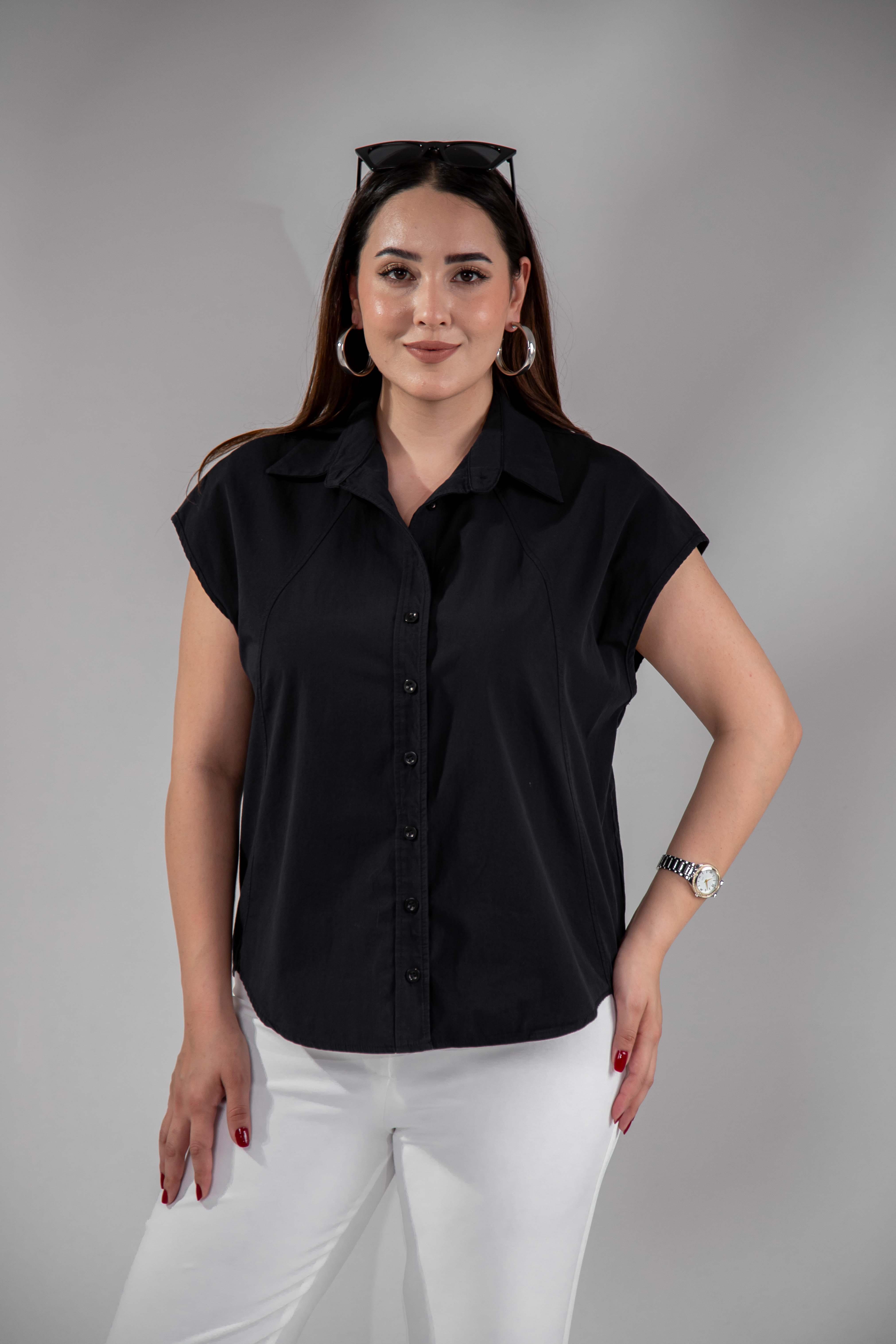 Büyük Beden 1212560 Kolsuz Poplin Gömlek Siyah
