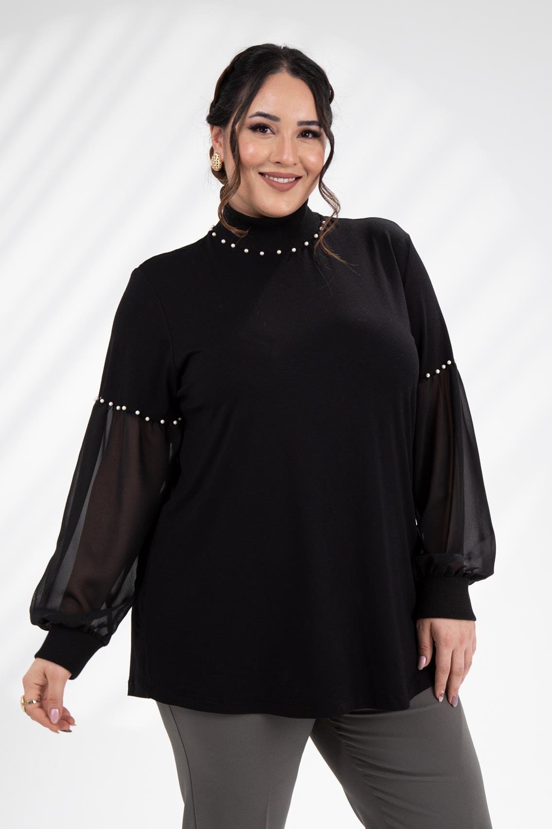 Büyük Beden 121884 İnci Taşlı Bluz  Siyah
