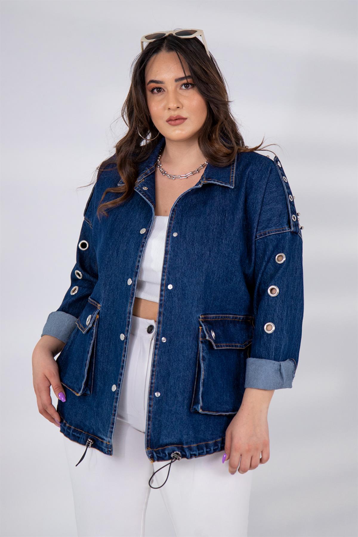 Büyük Beden 121936 Kuşgözü-Cep Detaylı Denim Ceket  Mavi