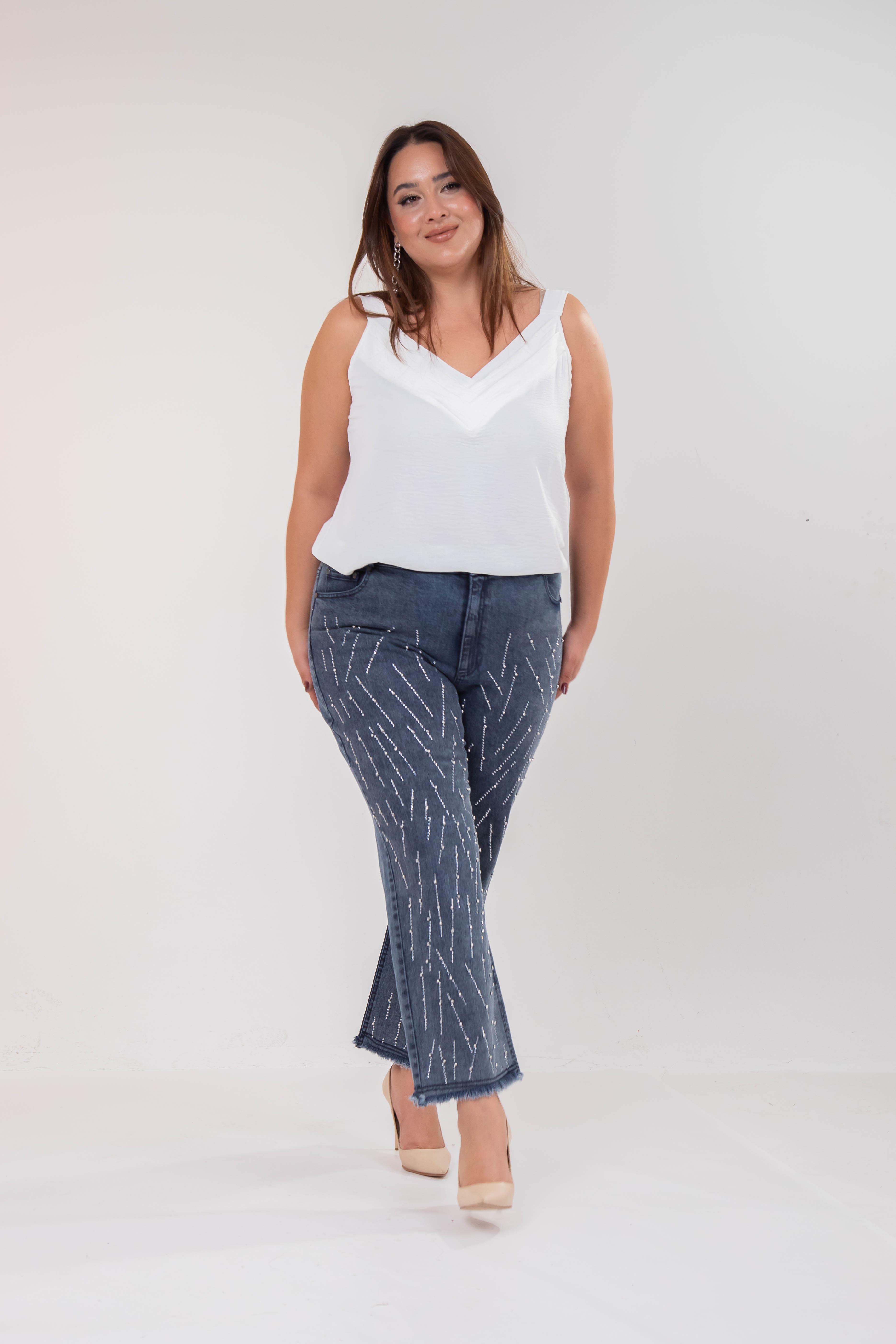 Büyük Beden 121952 Taş Detaylı Denim Pantolon  Buz Mavi