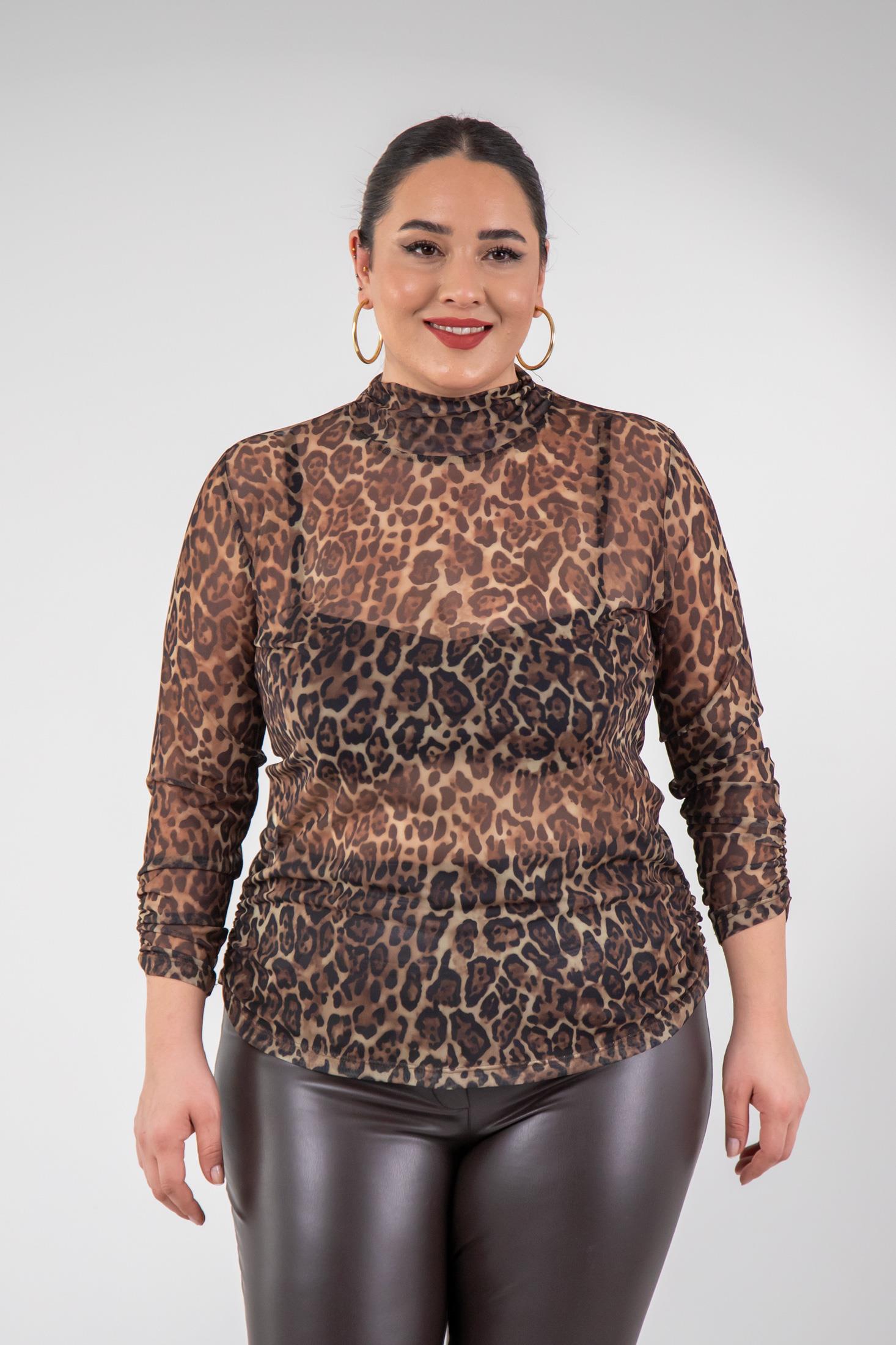 Büyük Beden 122201 Leopar Desenli Bluz  Kahverengi