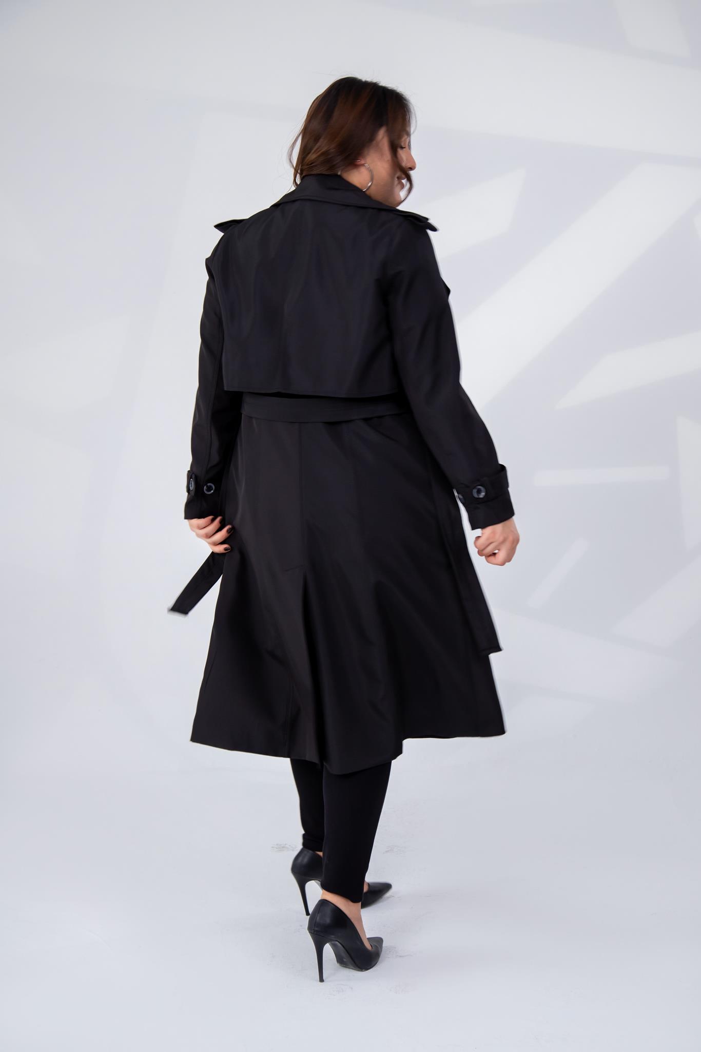 Büyük Beden 122207 Yaka Tokalı Trençkot Siyah