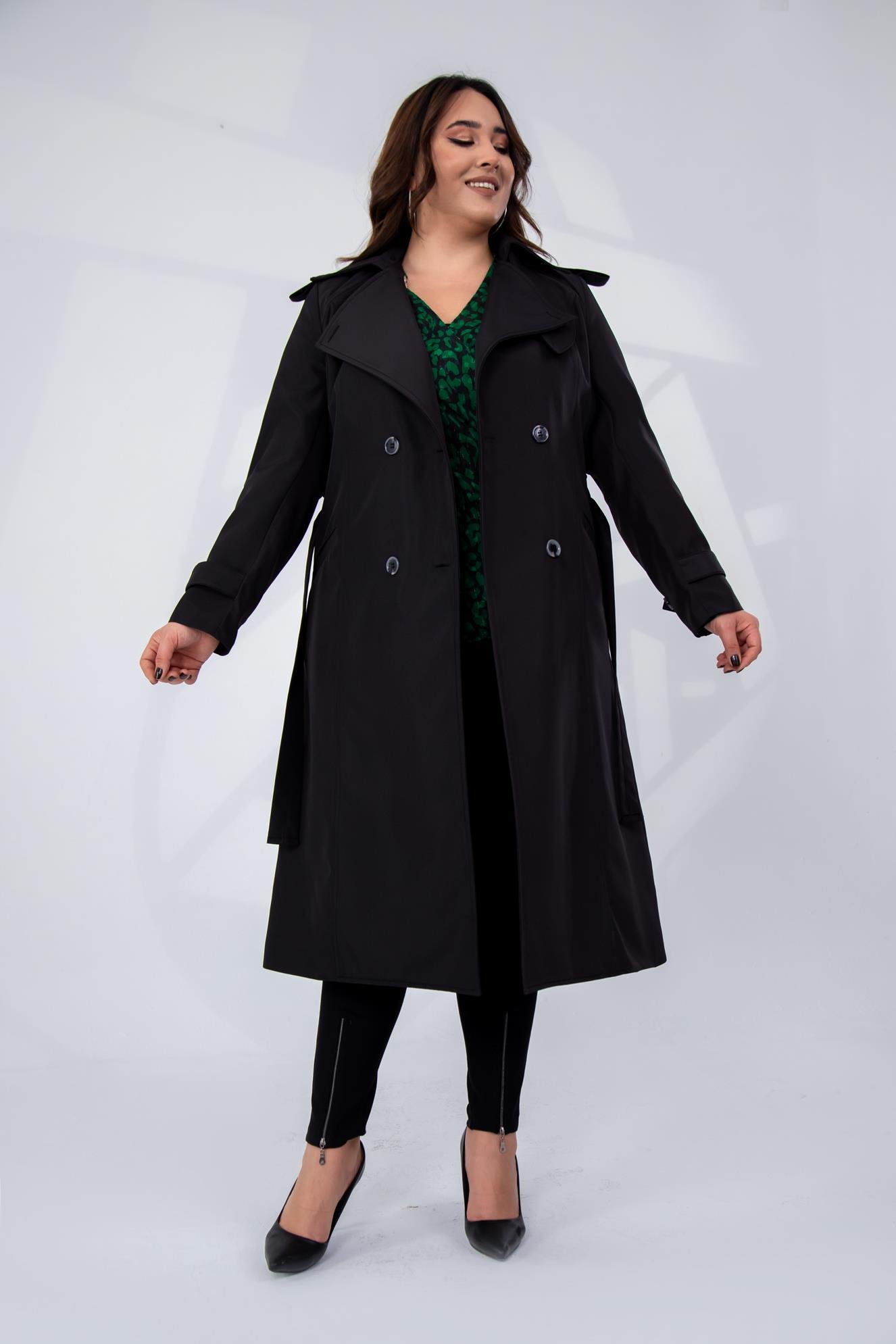 Büyük Beden 122207 Yaka Tokalı Trençkot Siyah