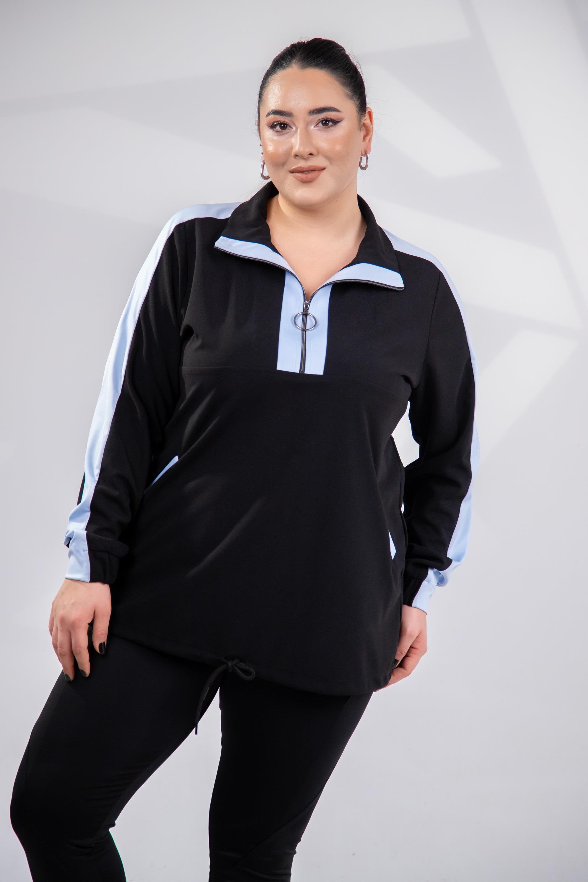 Büyük Beden 12223271 Fermuarlı Saten Garnili  Sweat Mavi