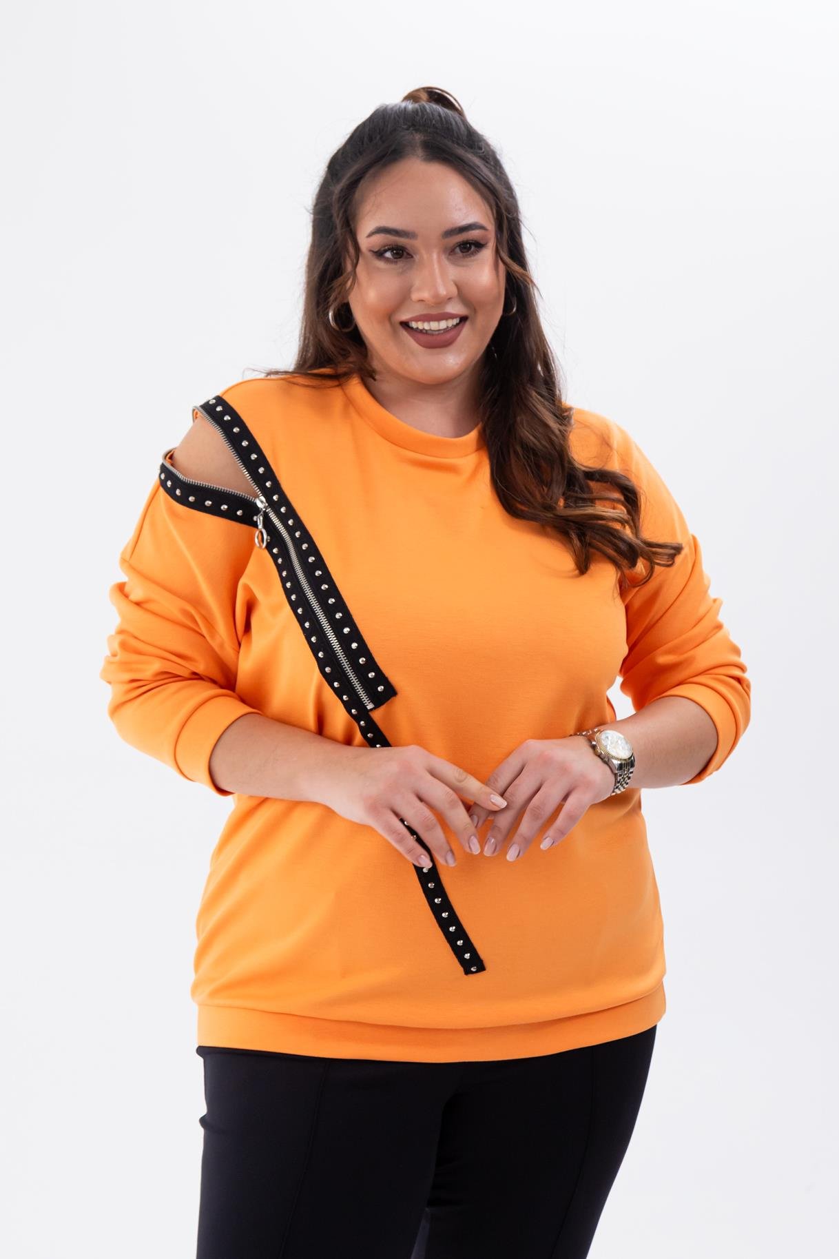 Büyük Beden 1222421 Fermuarlı Şertili Sweat  Oranj