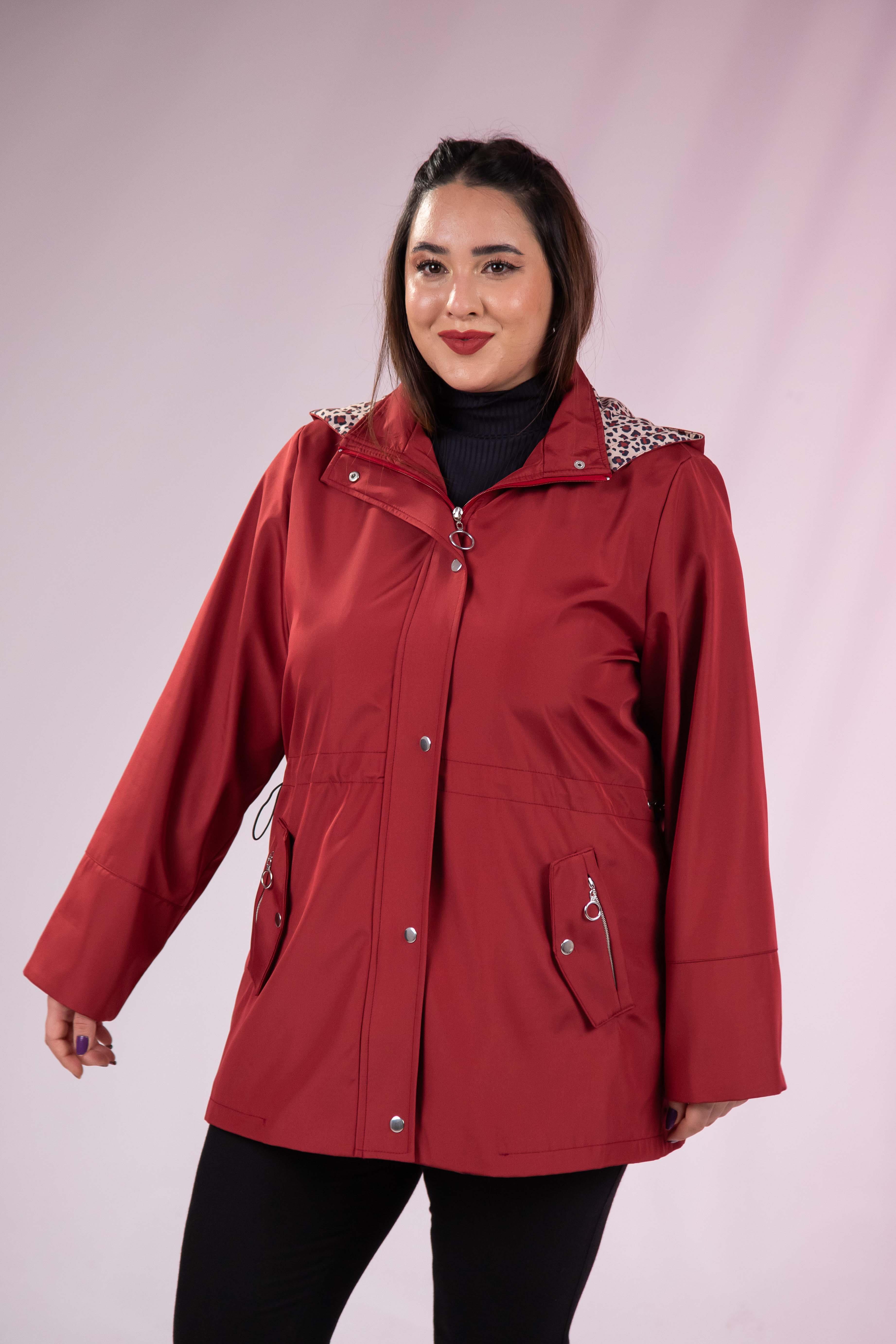 Büyük Beden 1222442 Leoparlı Thomas Yağmurluk Bordo