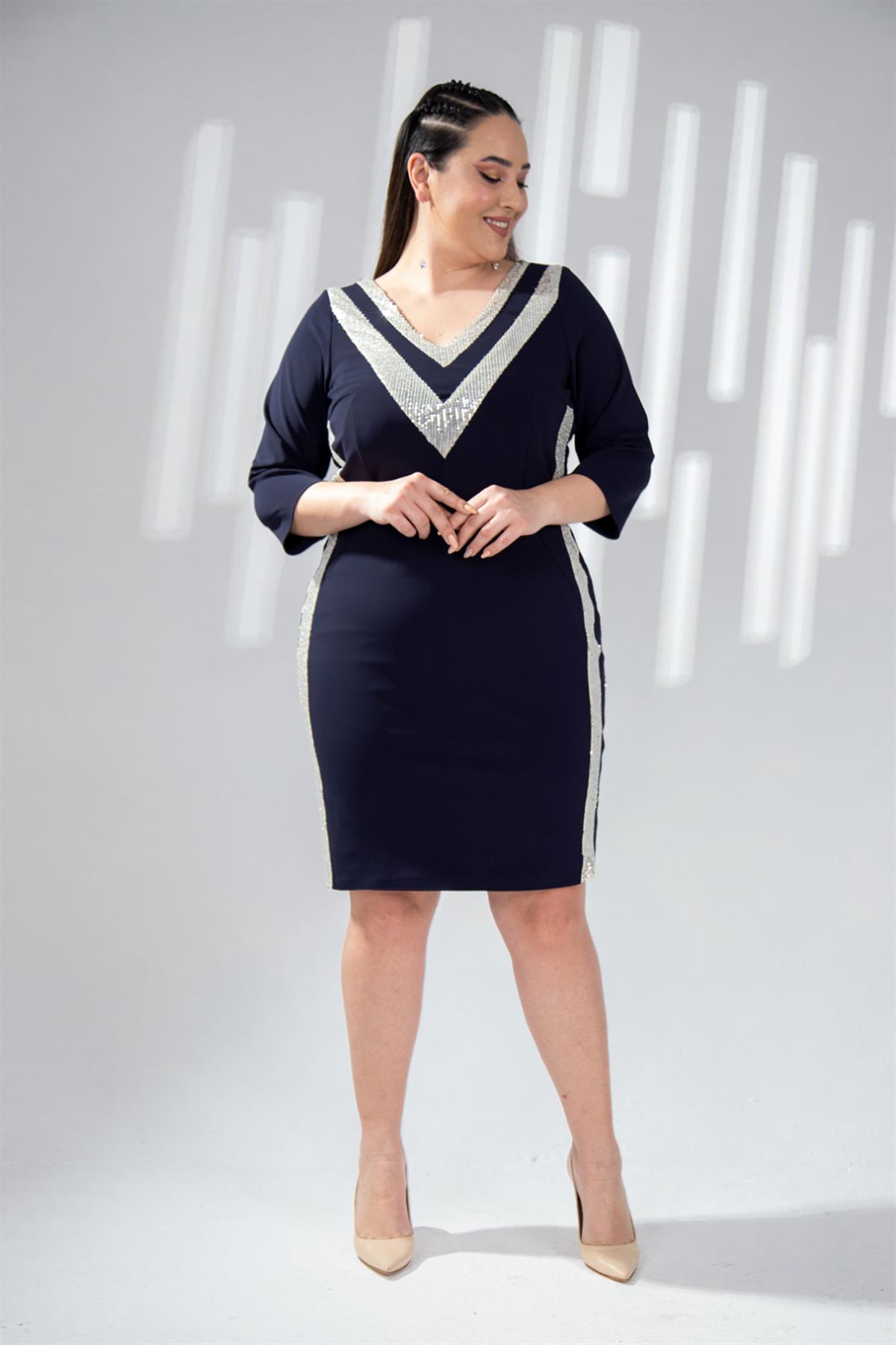 Büyük Beden 142013 Pul Payetli Abiye  Lacivert