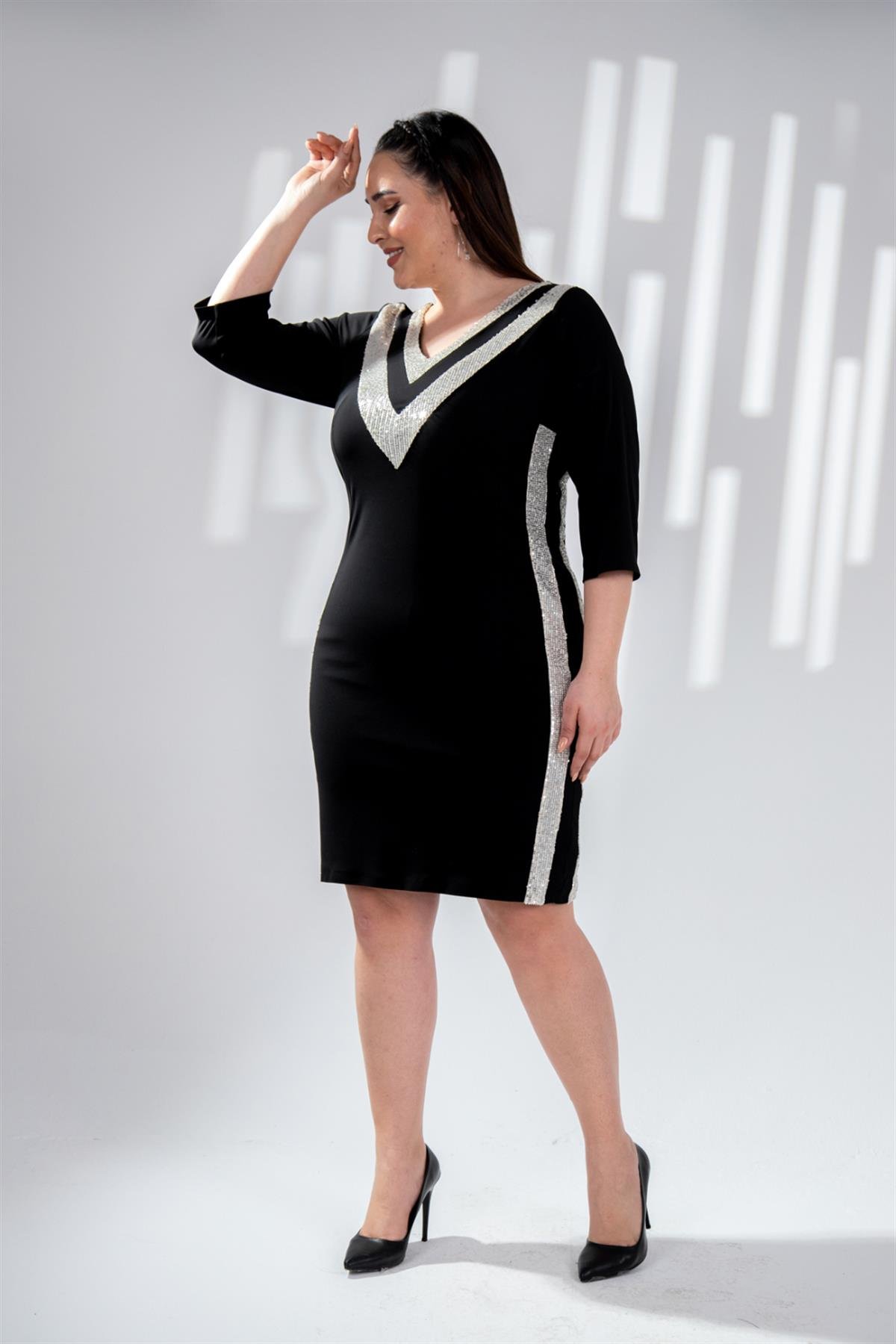 Büyük Beden 142013 Pul Payetli Abiye  Siyah