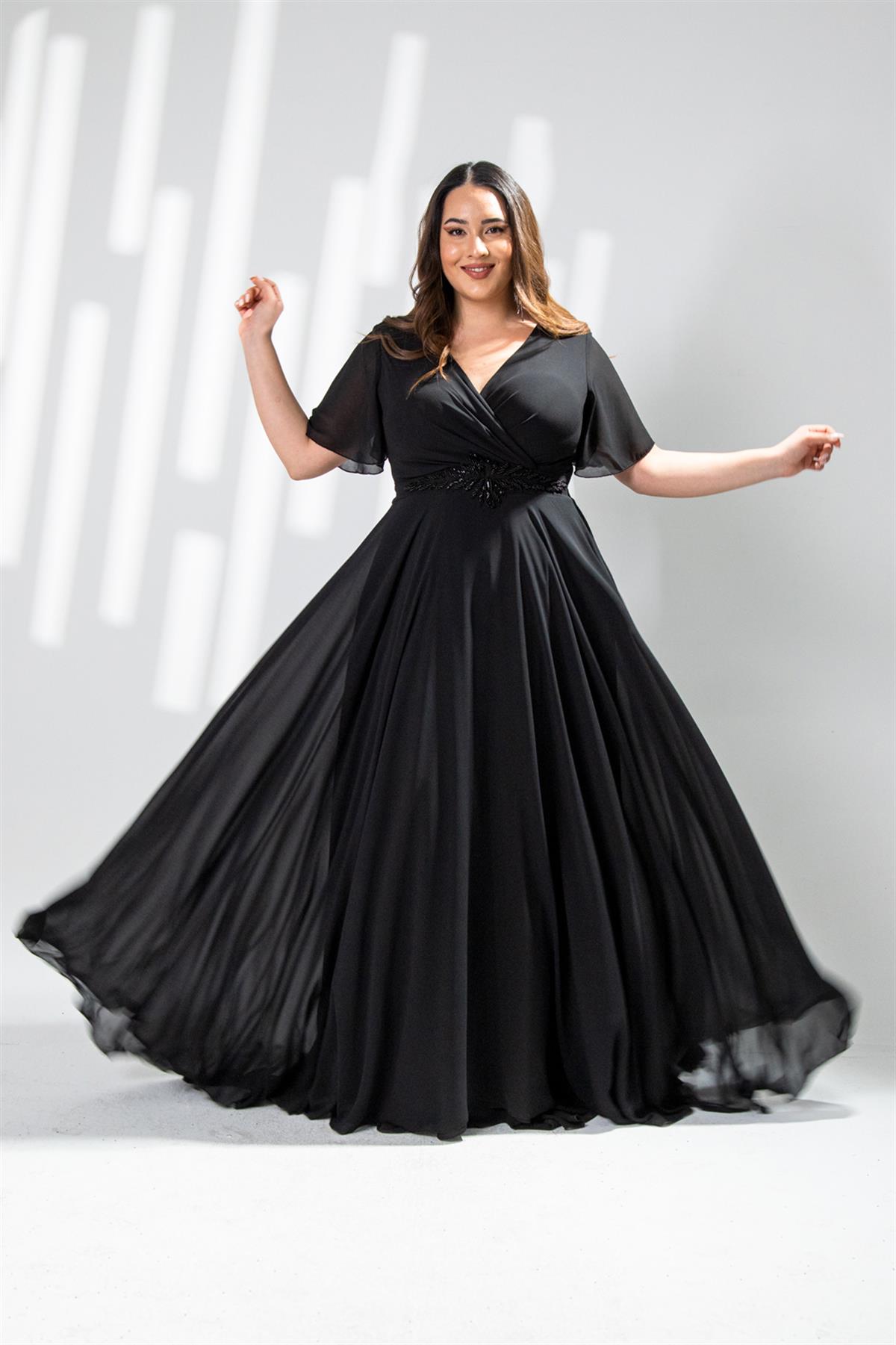 Büyük Beden 142018 Beli Aplik İşleme Abiye  Siyah