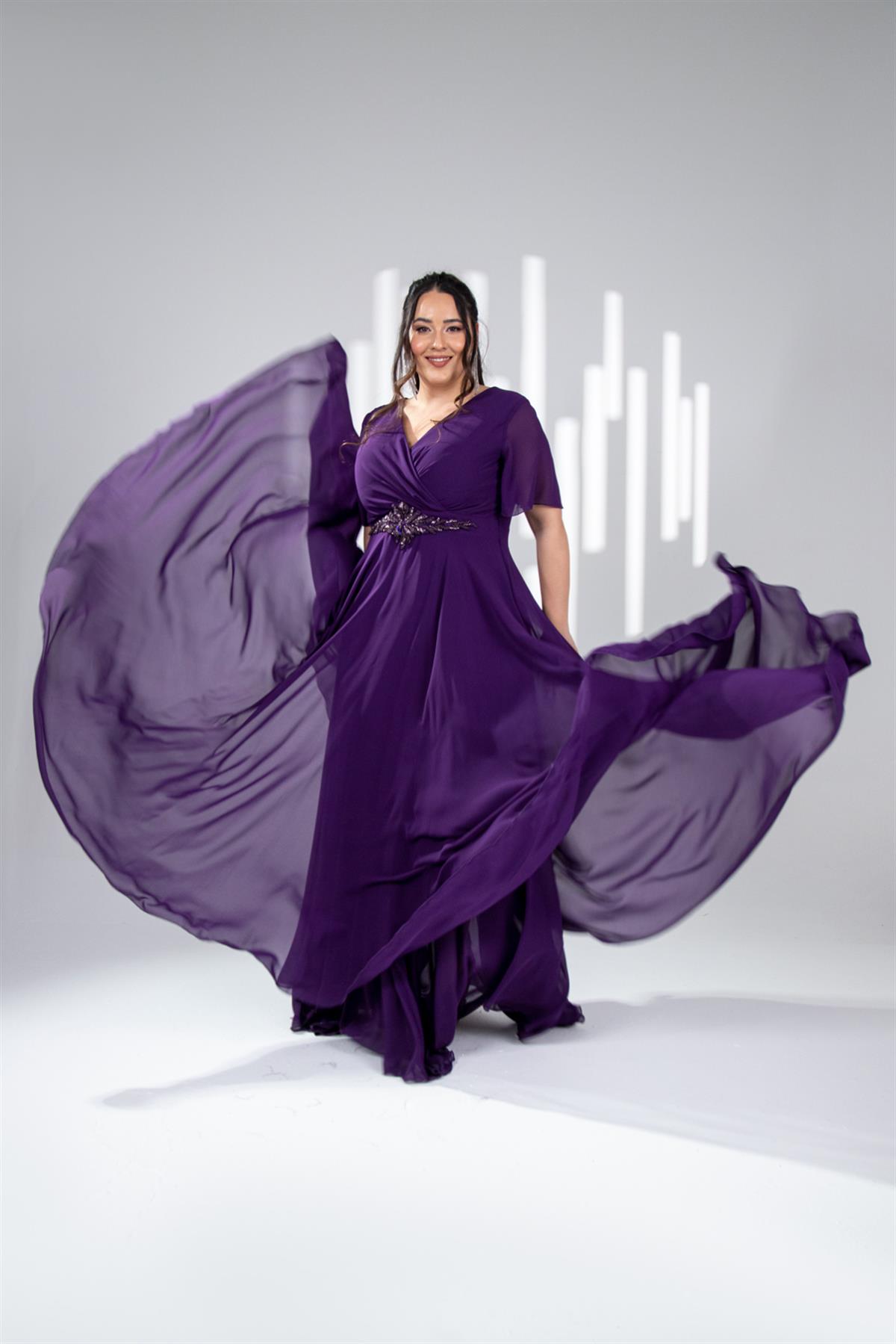 Büyük Beden 142018 Beli Aplik İşleme Abiye  Mürdüm