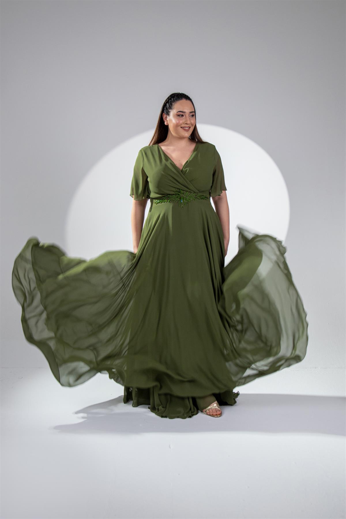 Büyük Beden 142018 Beli Aplik İşleme Abiye  Yeşil