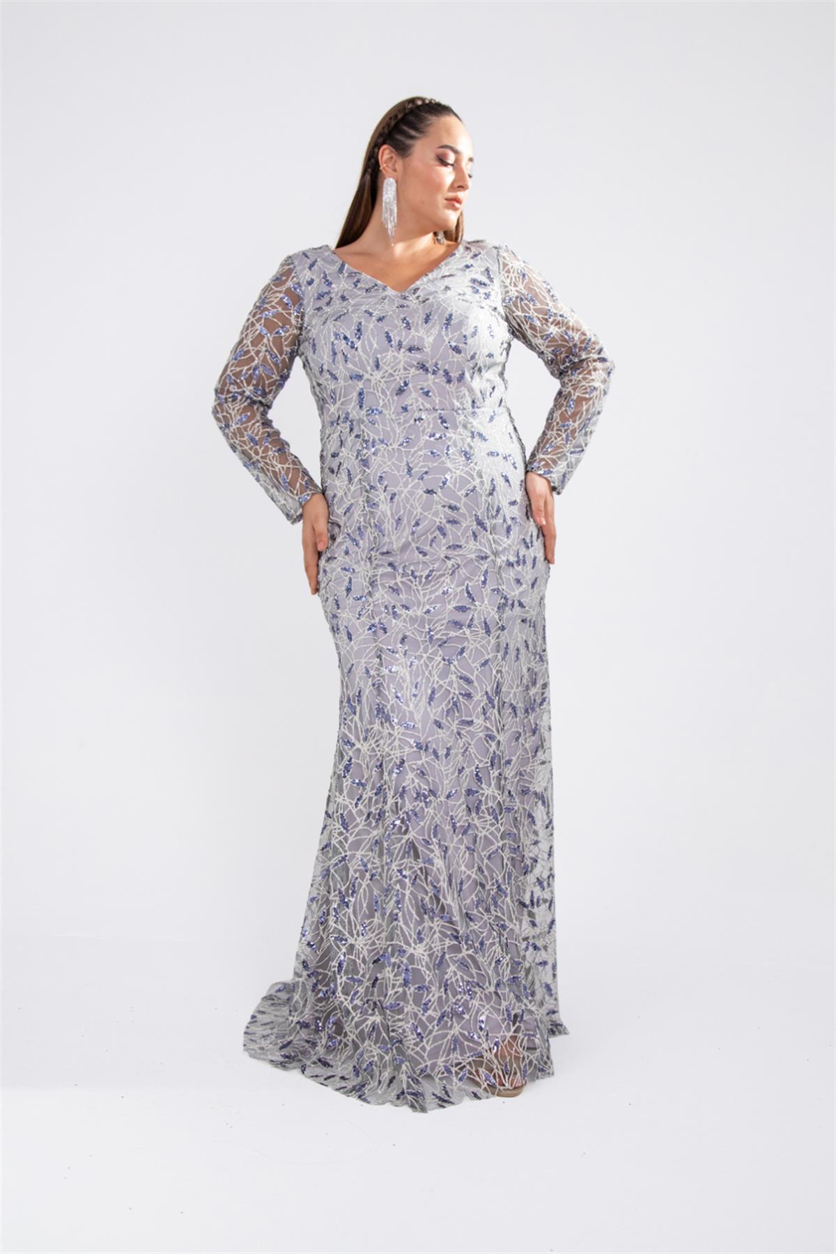 Büyük Beden 142025 V Yaka Abiye  Gri