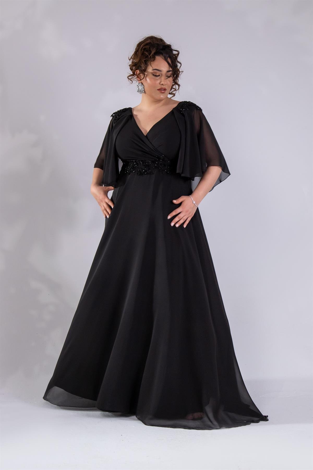 Büyük Beden 142035 Kruvaze Aplik İşlemeli Abiye  Siyah