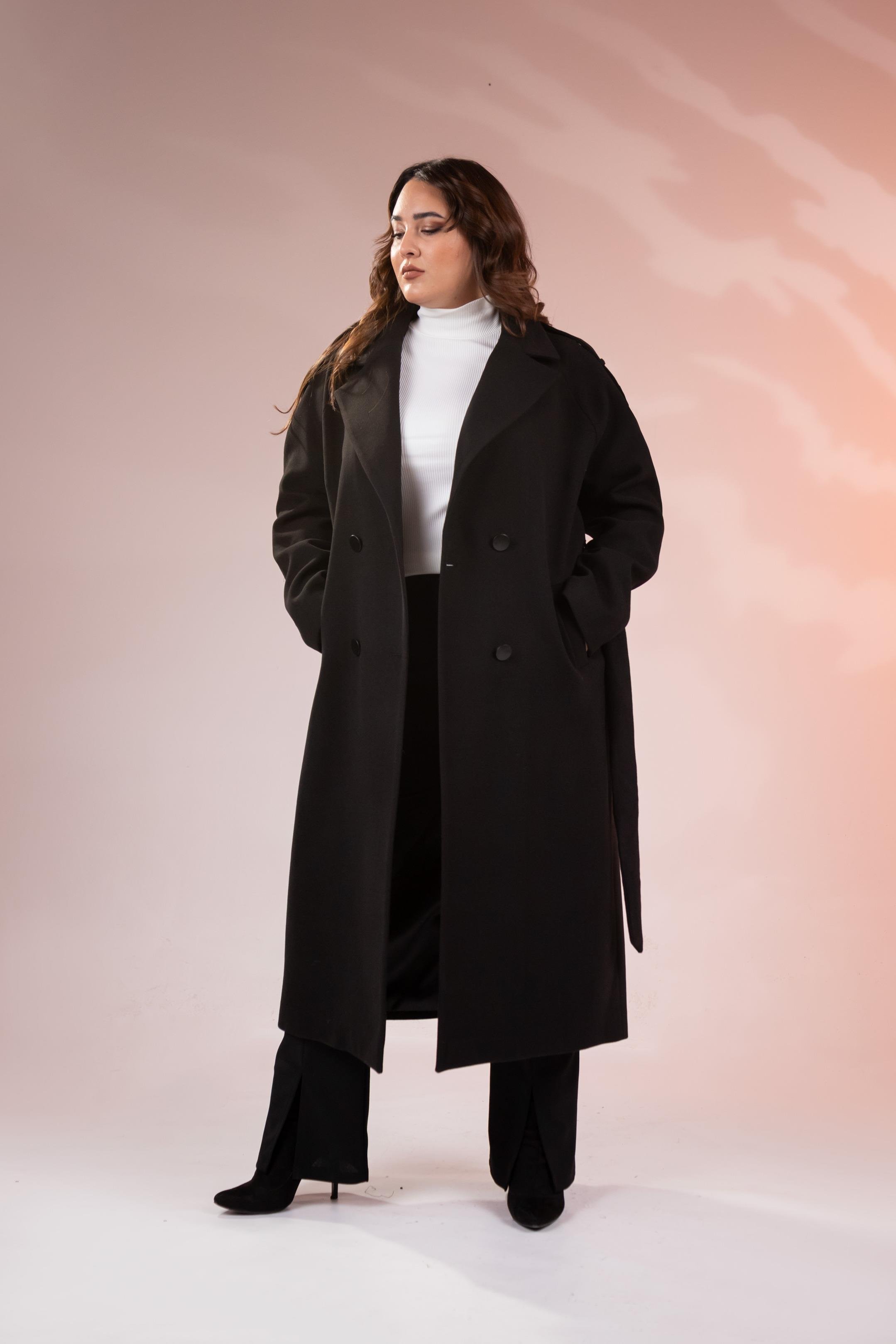 Büyük Beden 2230043 Omuzu Apoletli Uzun Kaban  Siyah