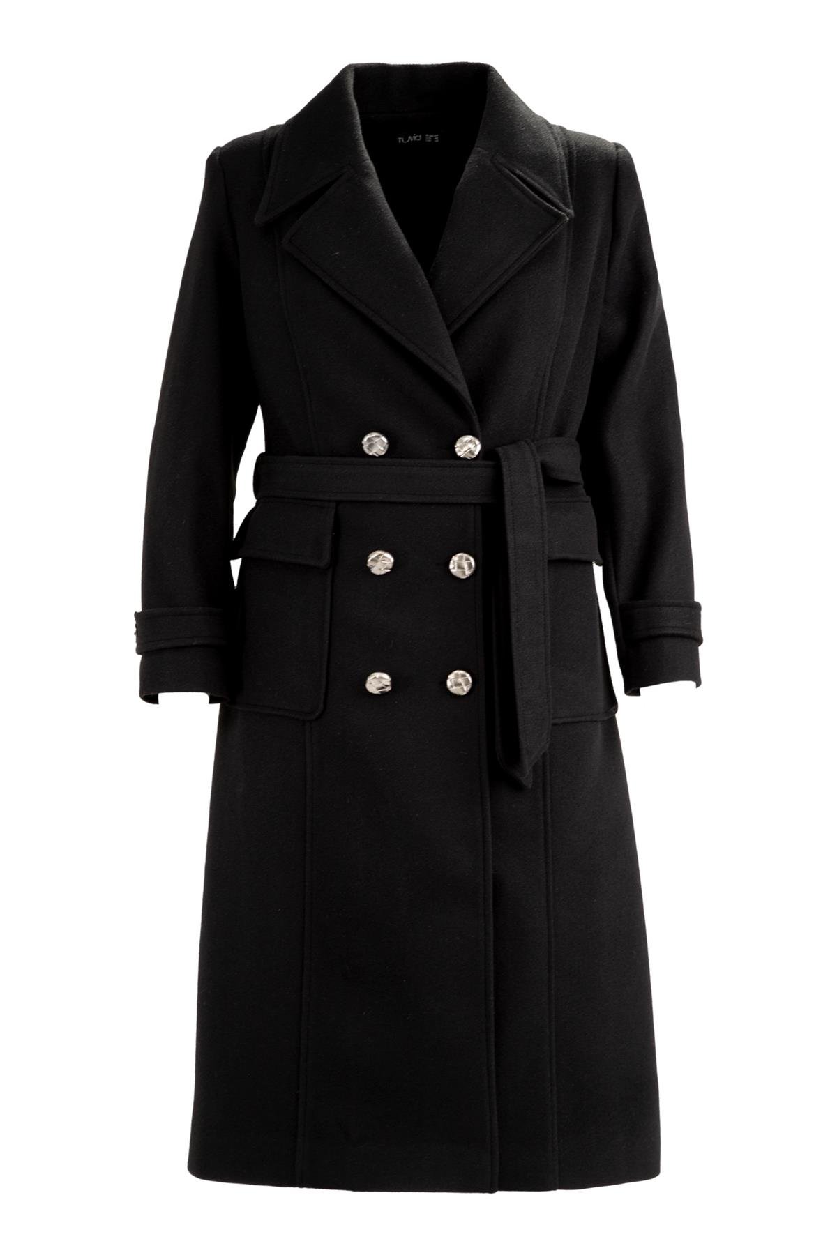 Büyük Beden 223007 Kruvaze Kolu Bantlı Kaban  Siyah