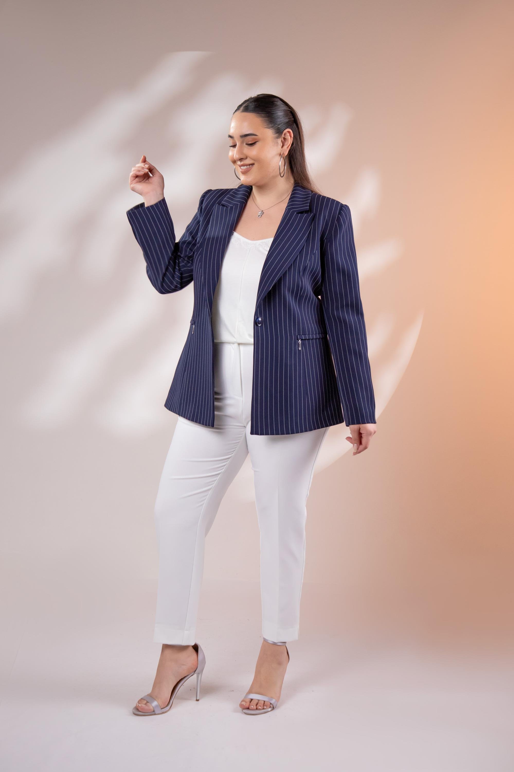 Büyük Beden 2234741 Çizgili Blazer Ceket  Lacivert
