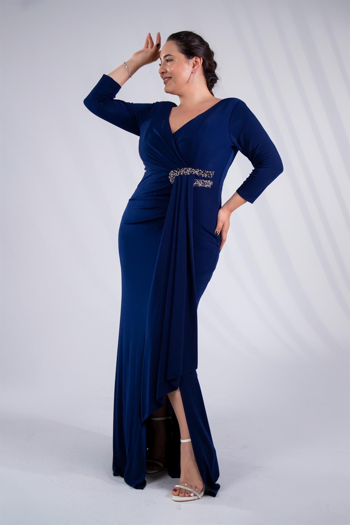 Büyük Beden 24225100 Beli Taşlı Yırtmaçlı Abiye  Lacivert