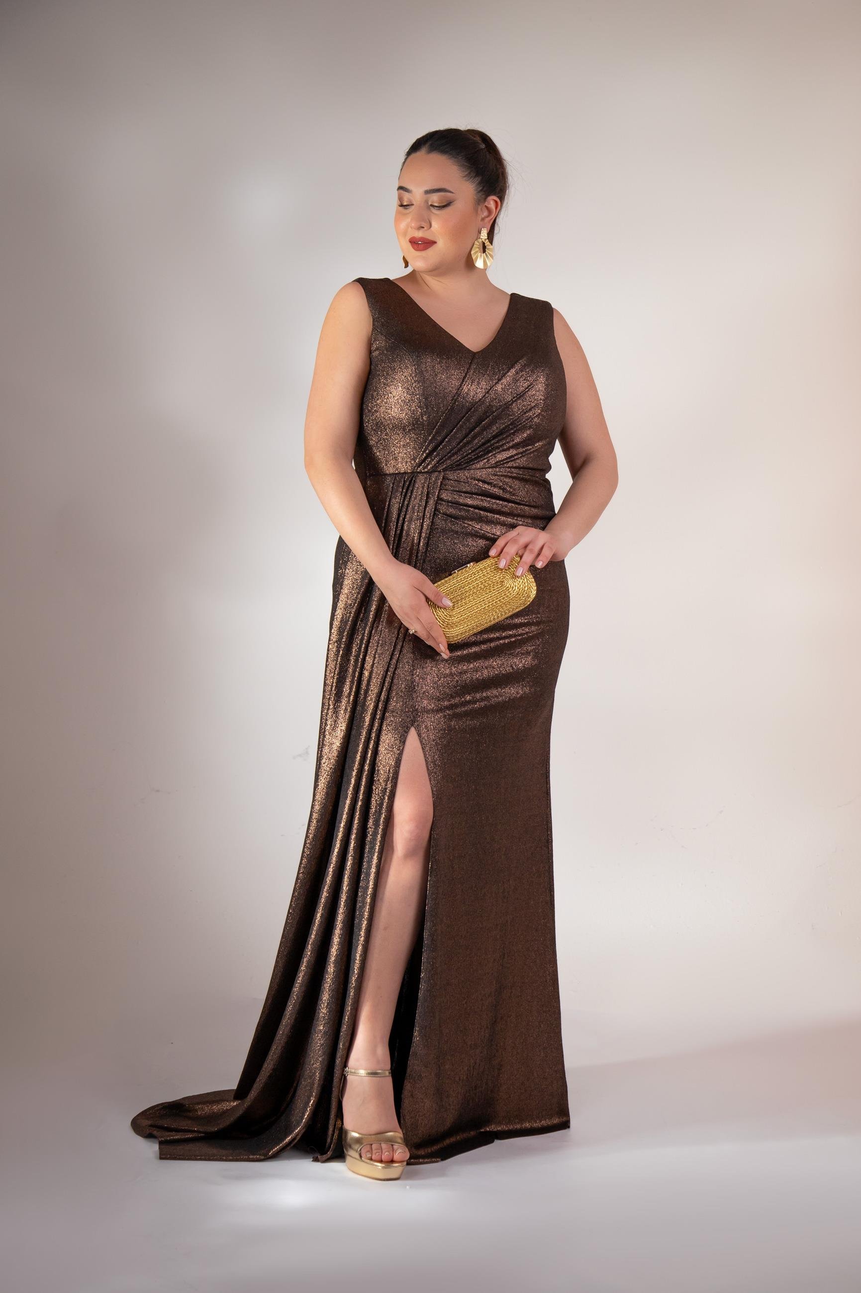 Büyük Beden 2422511 Kruvaze Yaka Abiye Kahverengi