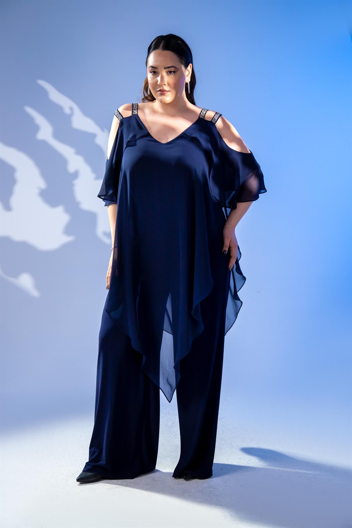 Büyük Beden 2424001 Omuzu Taşlı Tulum Abiye  Lacivert