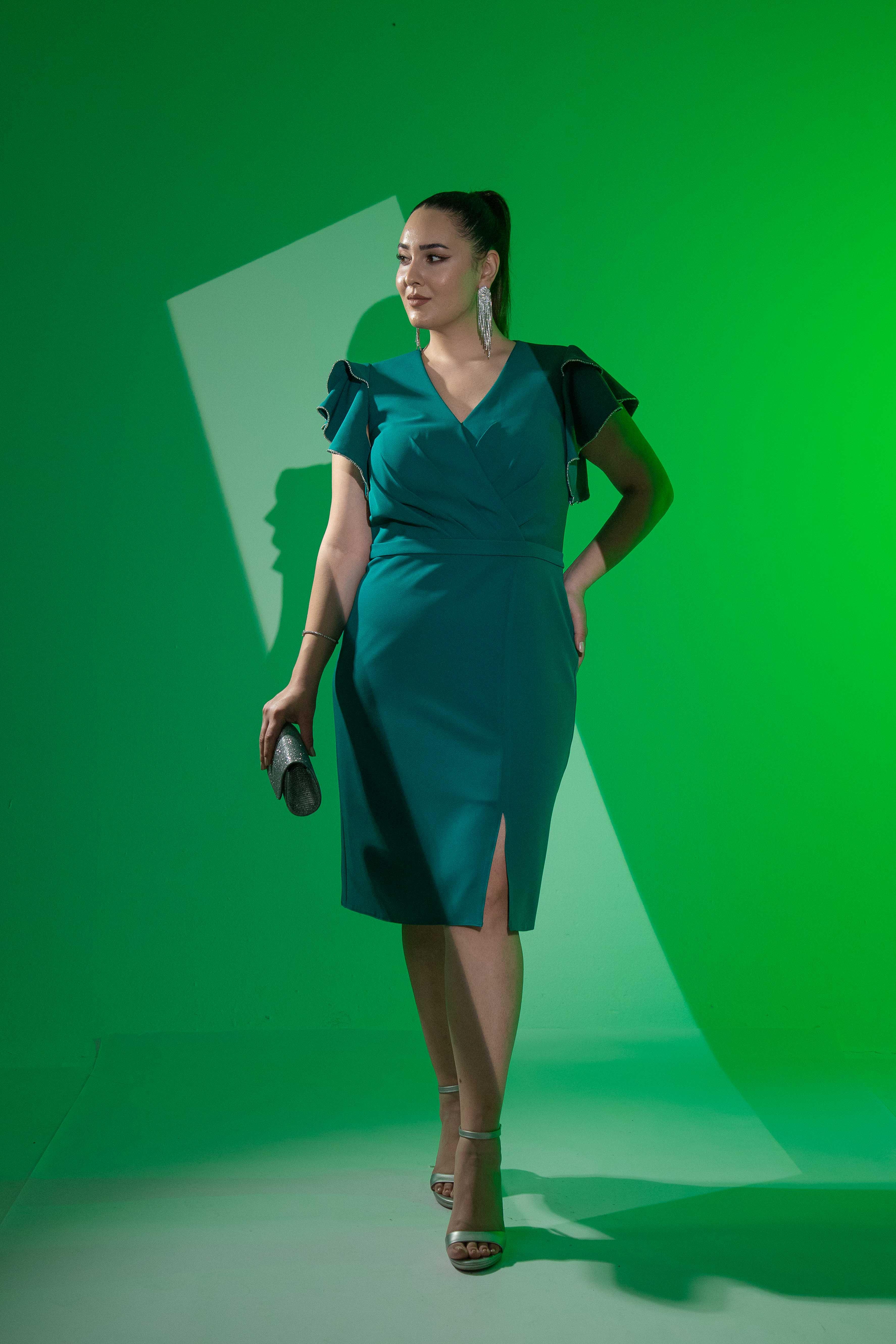 Büyük Beden 2424682 Kruvaze Kol Volanlı Abiye  Yeşil