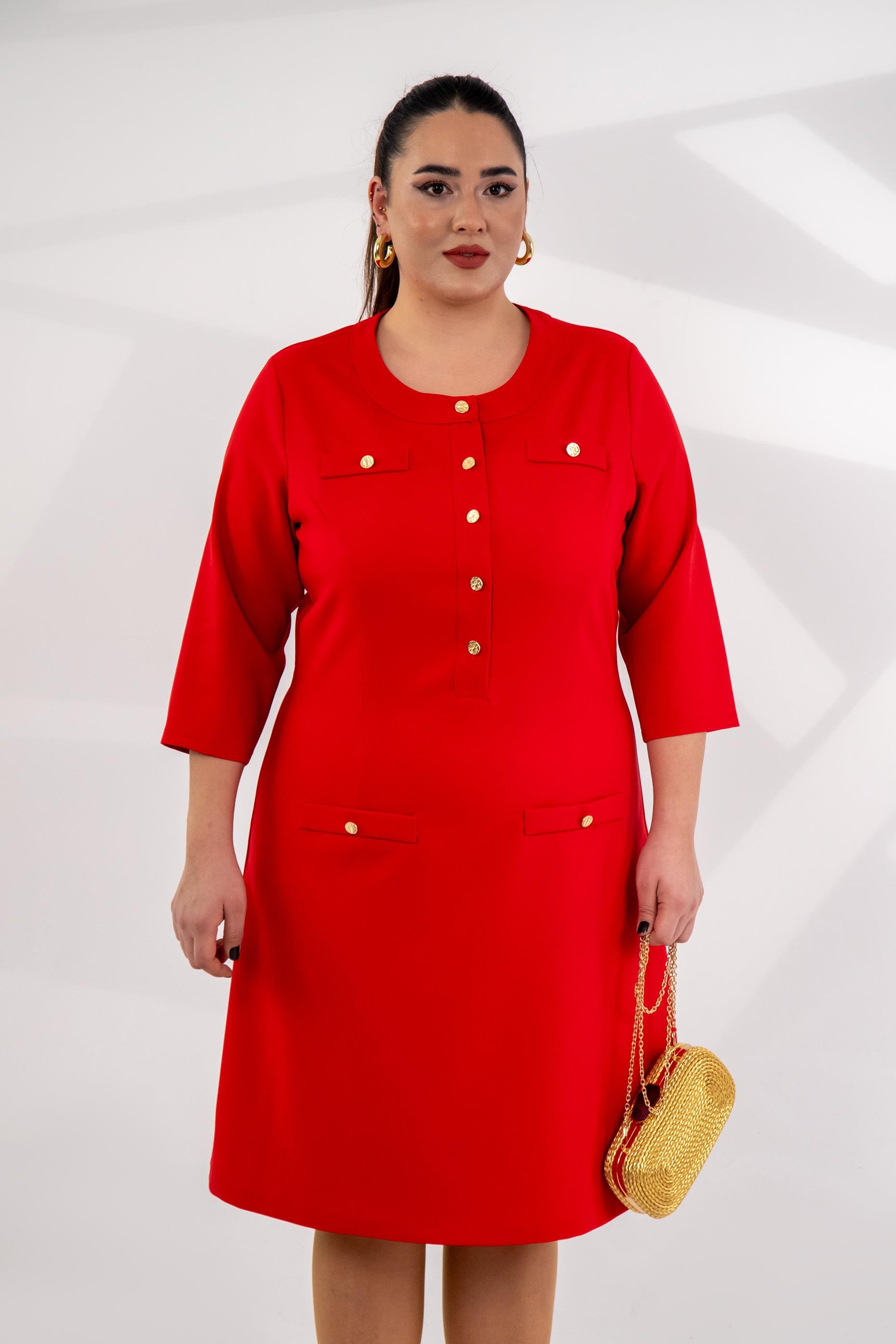 Büyük Beden 3330193 Düğme Detaylı Elbise Kırmızı