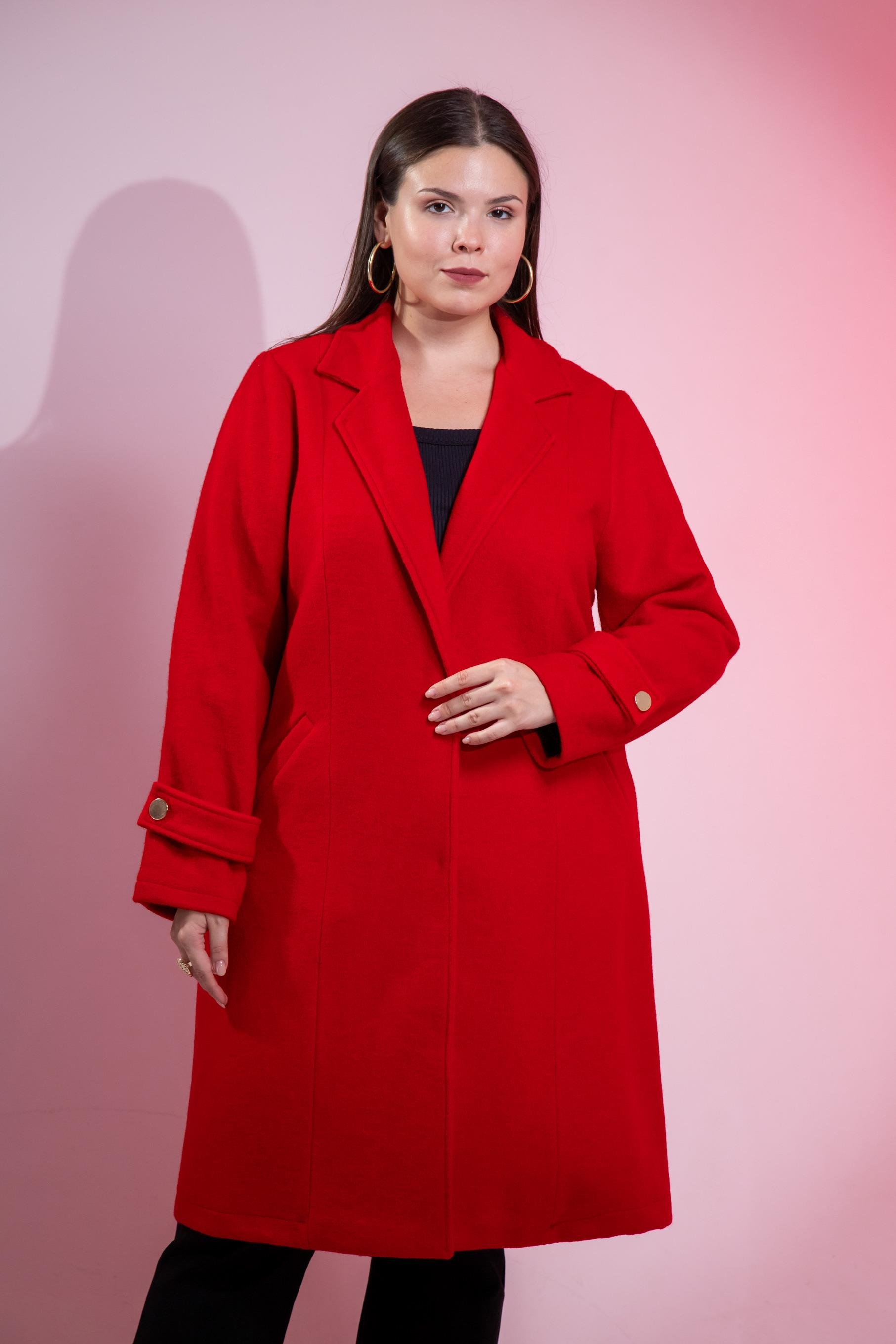 Büyük Beden 3330246 Çıt Çıt Detaylı Kaban Kırmızı