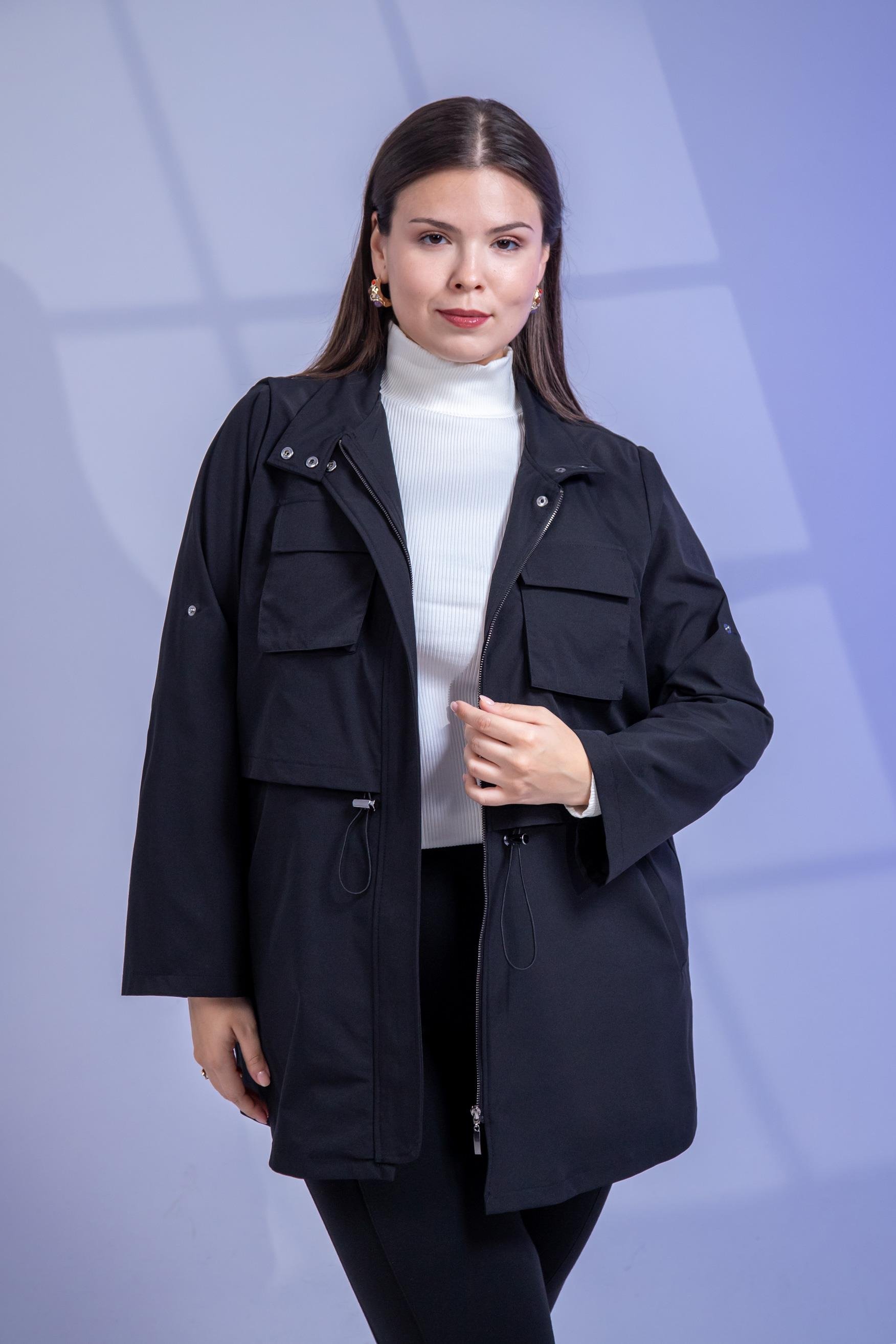 Büyük Beden 3330640 Cep Detaylı Trençkot Ceket  Siyah