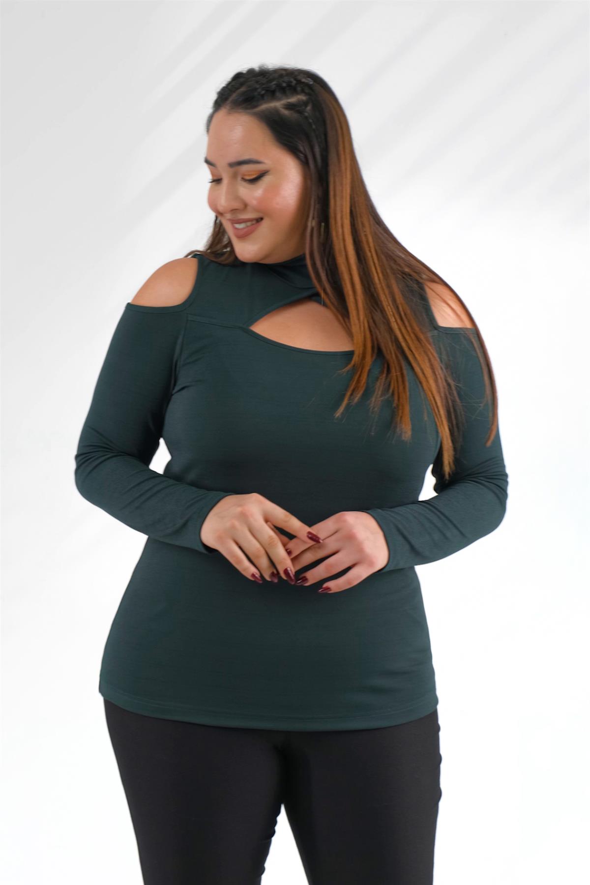 Büyük Beden 333073 Dik Yaka Omuzu Açık Bluz  Yeşil