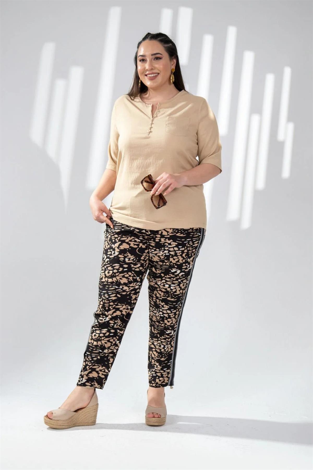Büyük Beden 333165 Leopar Desenli Pantolon  Siyah